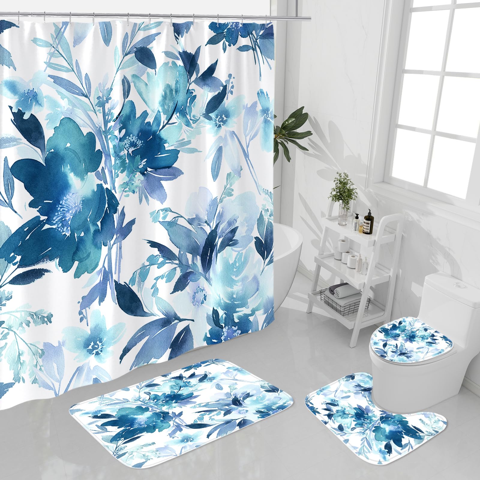 Litabel 4 Pcs Blue Watercolor Floral Shower Curtain Sets with Rug, Toilet Lid Cover and Bath Mat, Botanical Flower Shower Curtains for Blue Bathroom