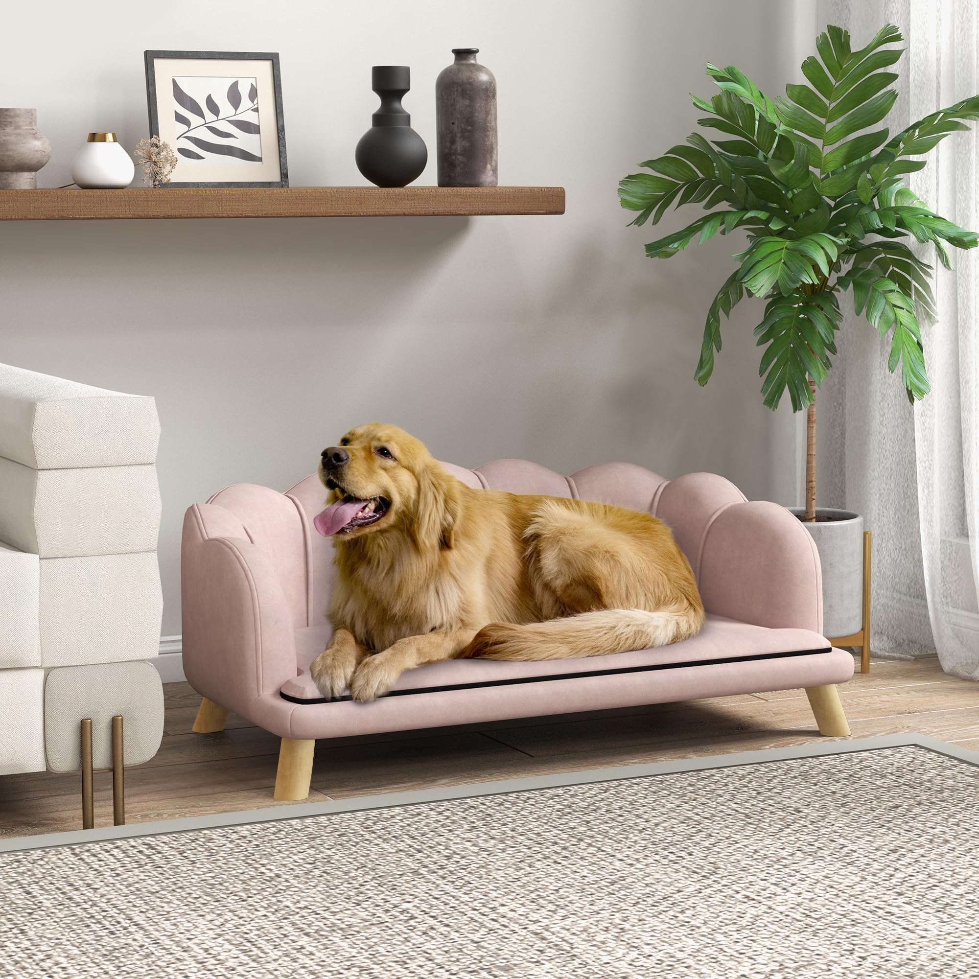 PawHut Divano per Cani, Rivestimento Lavabile, Divano per Animali Domestici con Schienale e Gambe in Legno, Divano per Gatti, per Cani di Taglia Media sotto i 25 kg, Rosa