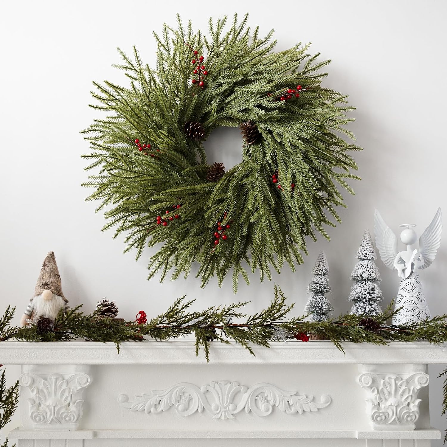 Artificial Christmas Wreaths for Front Door, 24" Large Winter Pine Wreath with Red Berries Pine Cones, DIY Friendly Real Touch Door Wreath for Wall Window Porch Farmhouse, Indoor Outdoor Xmas Decor