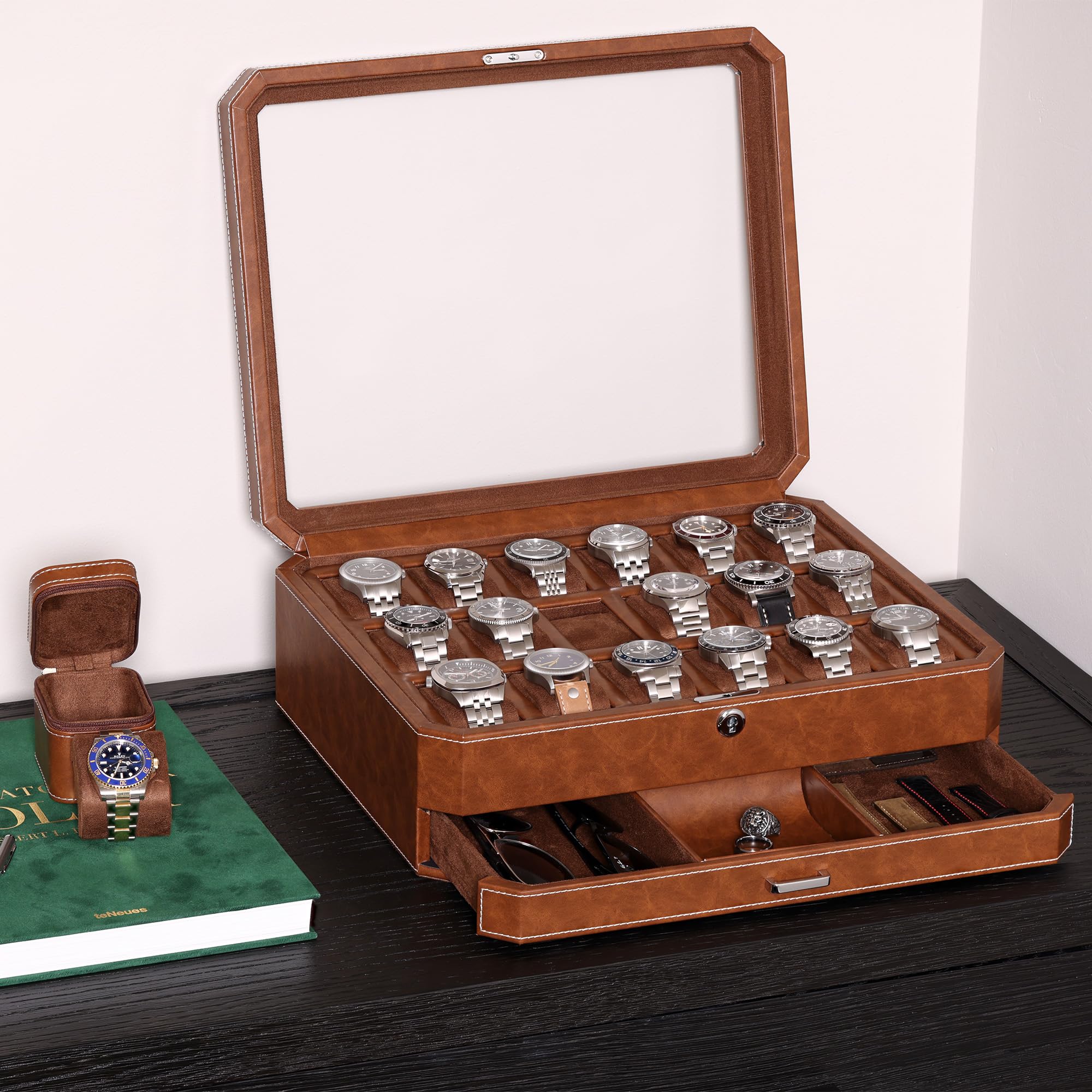 ROTHWELL Scatola per 18 orologi con cassetto accessori (marrone chiaro/marrone)