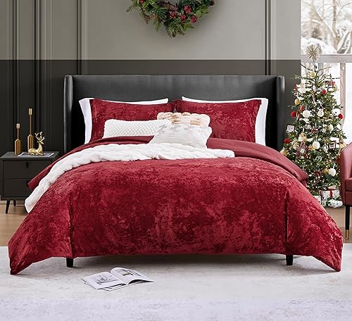 WRENSONGE Juego de edredón de terciopelo tamaño King, juego de ropa de cama de terciopelo triturado de lujo de 3 piezas, color rojo vino, para todas
