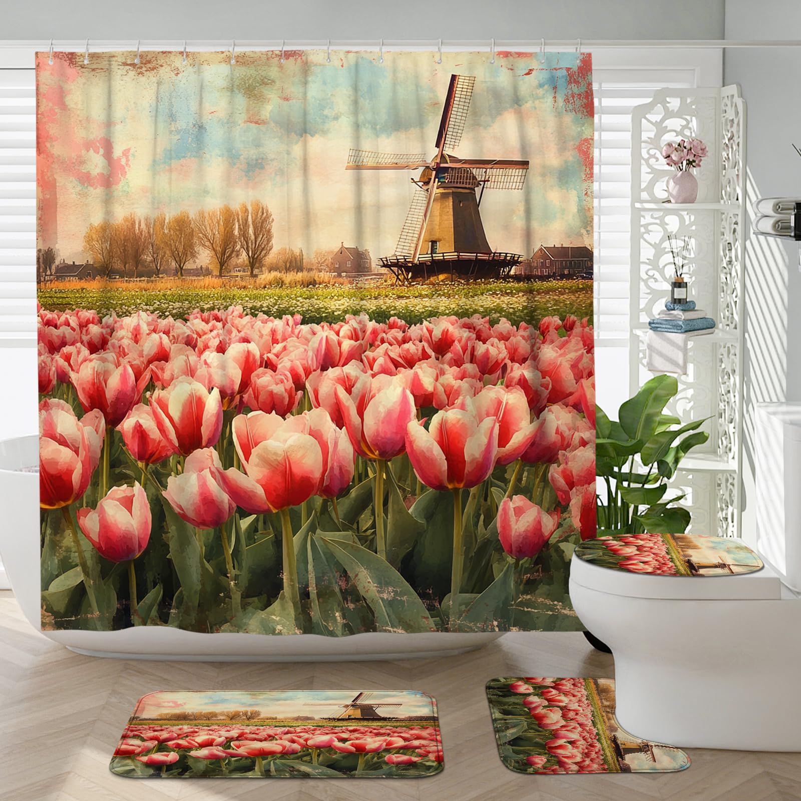 4PCS Vintage Windmill Bathroom Accessory Sets with Non-Slip Rug, U Shape and Toilet Lid Cover Mat, Floral Farmhouse Country Scene Bathroom Fabric Decor-72''x72''