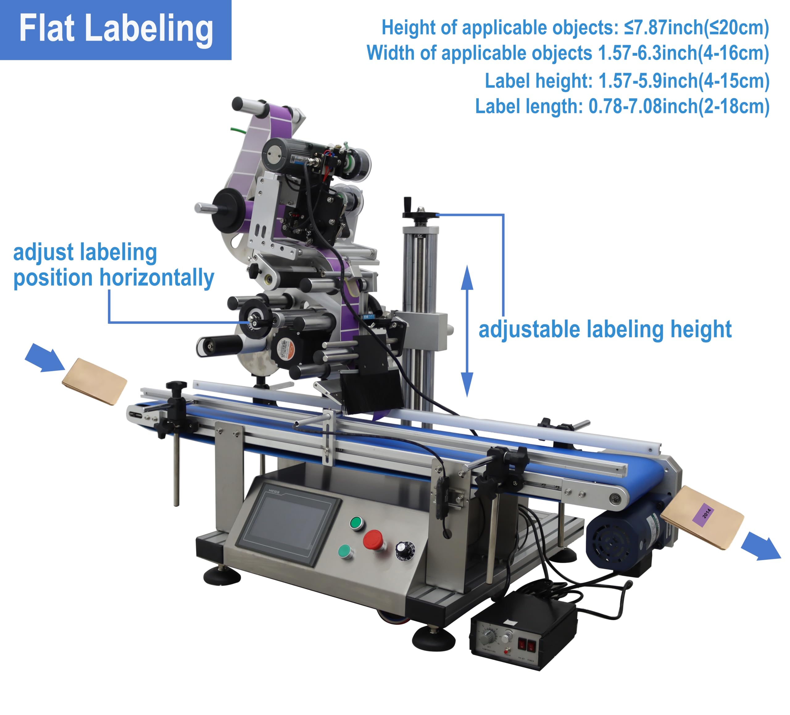 TECHTONGDA Automatic Flat Labeling Machine with Printer with Conveyor Label Tape Label Dispenser Width 1.57-5.9inch Label Length 0.78-7.08inch