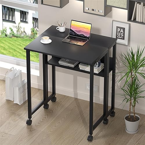 Miniatura 7 de GreenForest Escritorio plegable pequeño con estante de almacenamiento, escritorio plegable para computadora de 31.5 pulgadas con ruedas para espacio
