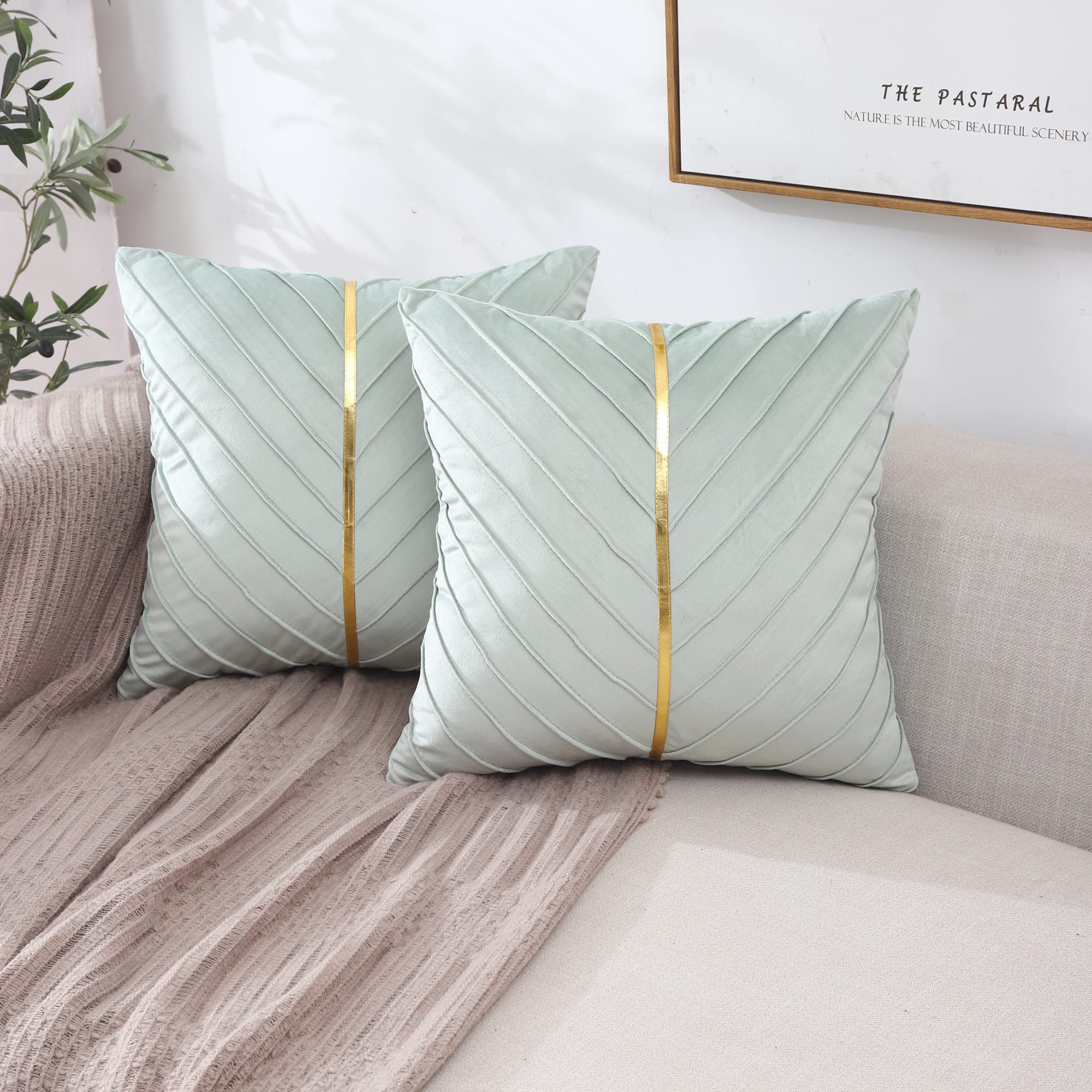 Tosleo Mint Green Velvet Throw Pillow Covers 16x16 inch Pack of 2 with Gold Leather Decorative Couch Pillowcases Luxury Modern Pillow Cases for Living Room Bedroom Sofa Cushion Bed 40 x 40 cm - Image 3