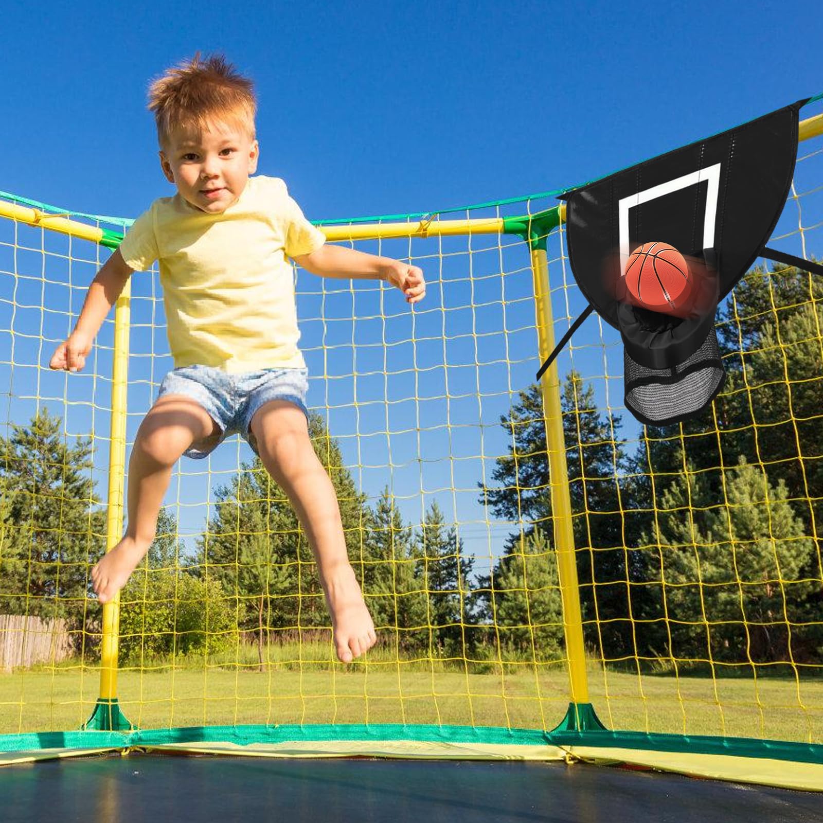Kosz do koszykówki do trampoliny, do użytku wewnątrz, mini kosz do koszykówki, akcesoria do trampoliny z 4 mini piłkami do koszykówki i pompką, ochrona przed słońcem, stojak do koszykówki