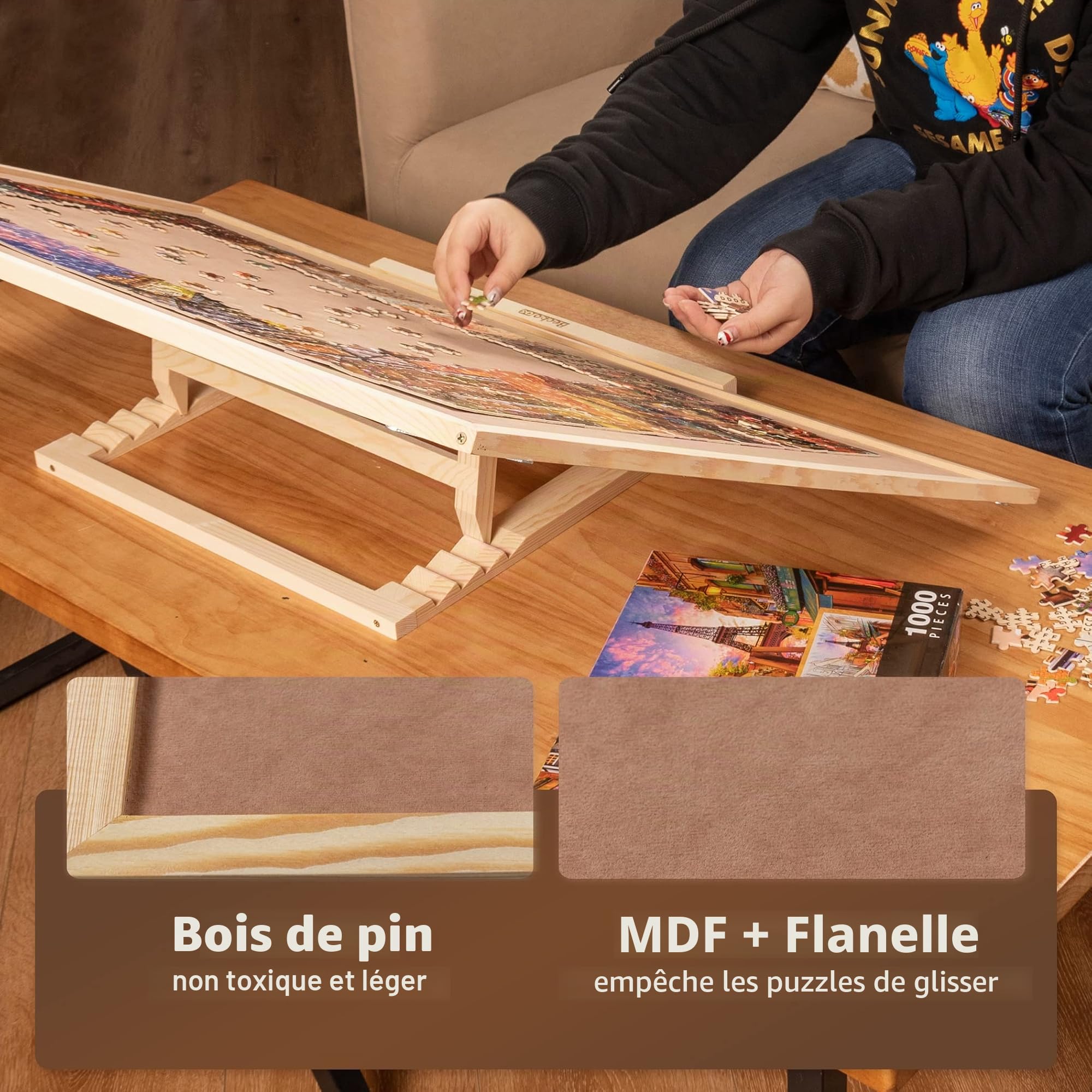 Becko US Ensemble planche à puzzle et support en bois avec plateau pour puzzle jusqu'à 1000 pièces (1500 pièces)