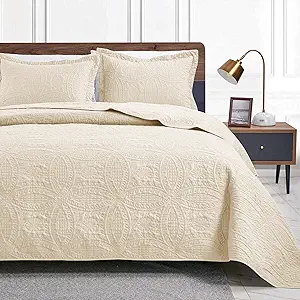 Love's cabin Quilts for Full Bed Beige Bedspread Comforters Bedding Set - Summer Lightweight Bedspread Comforter - Coin Pattern Bedding Coverlet for All Season - 3 Pieces (1 Quilt, 2 Pillow Shams)