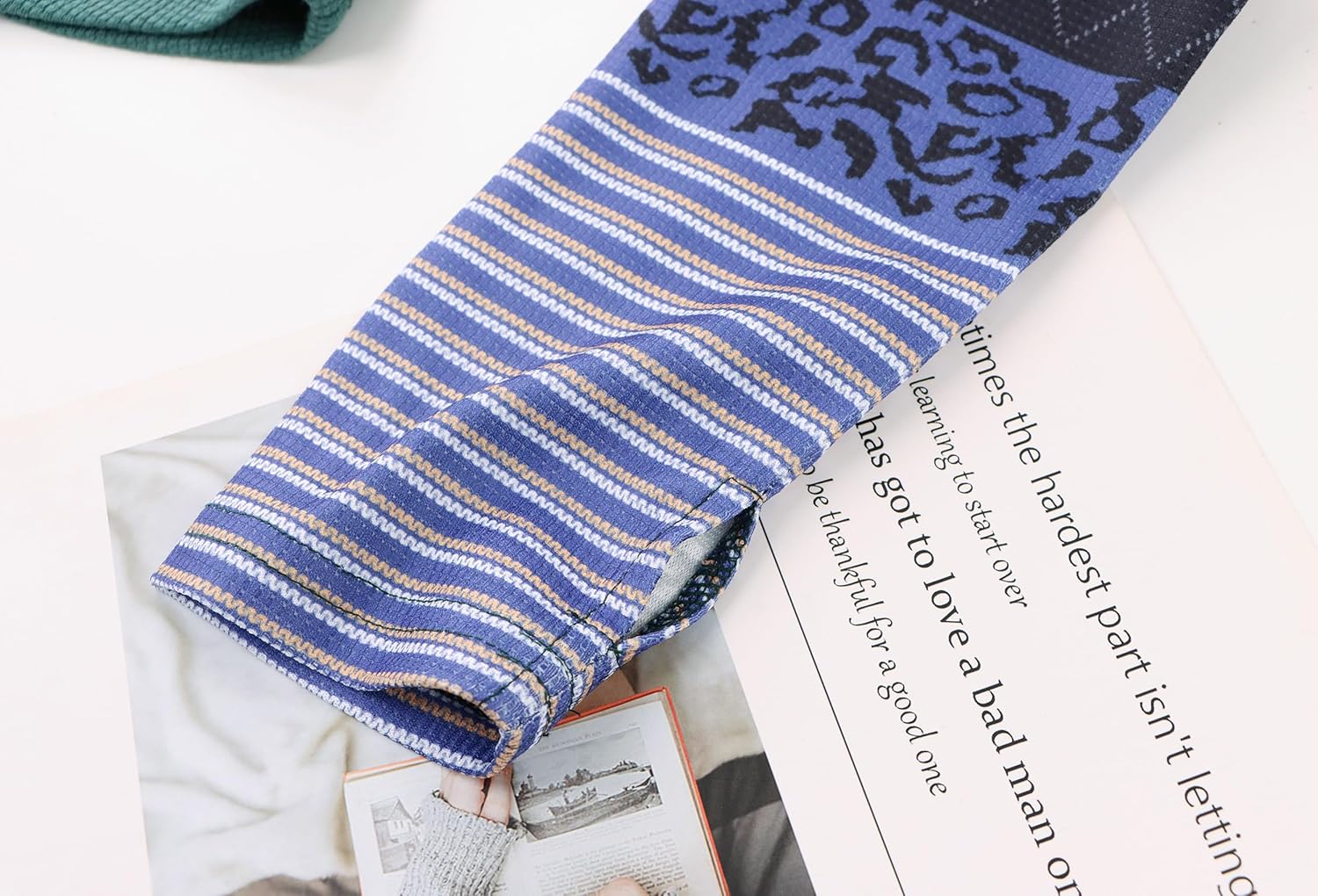 Women Waffle Knit Floral Cuffs Long Sleeve T Shirt Crew Neck Loose Fit Top Casual Fall Tee Top - Image 3