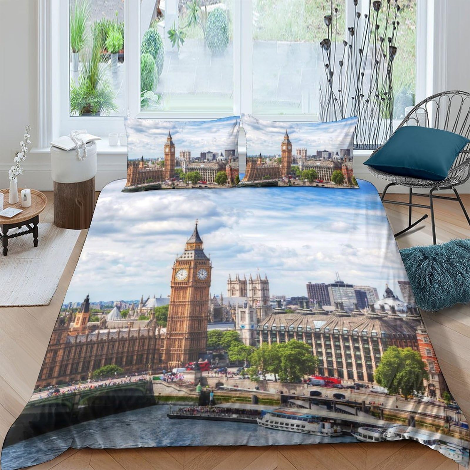 Ctjqhvkz Style-8 3D Printed London Cityscape Fitted Sheet Microfiber Soft Breathable Big Ben Bed Cover For Bedroom Guest Room Decor Single（135X200cm）