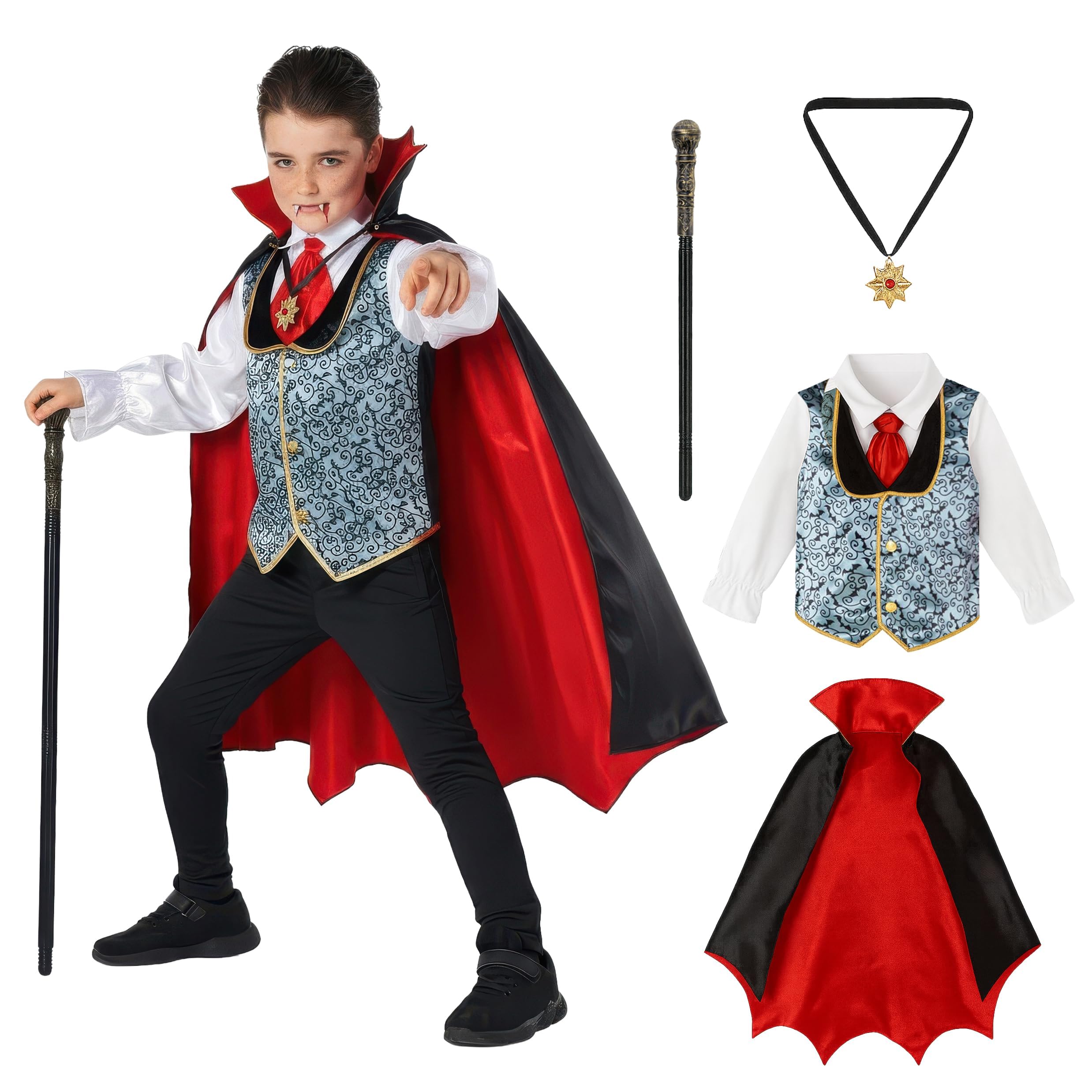 Morph Costume Vampiro Bambino, Costume Halloween Bambino | Panciotto con Camicia, Mantello, Bastone & Medaglione, Look Gotico, Perfetto per Halloween, Ideale per il Gioco di Ruolo