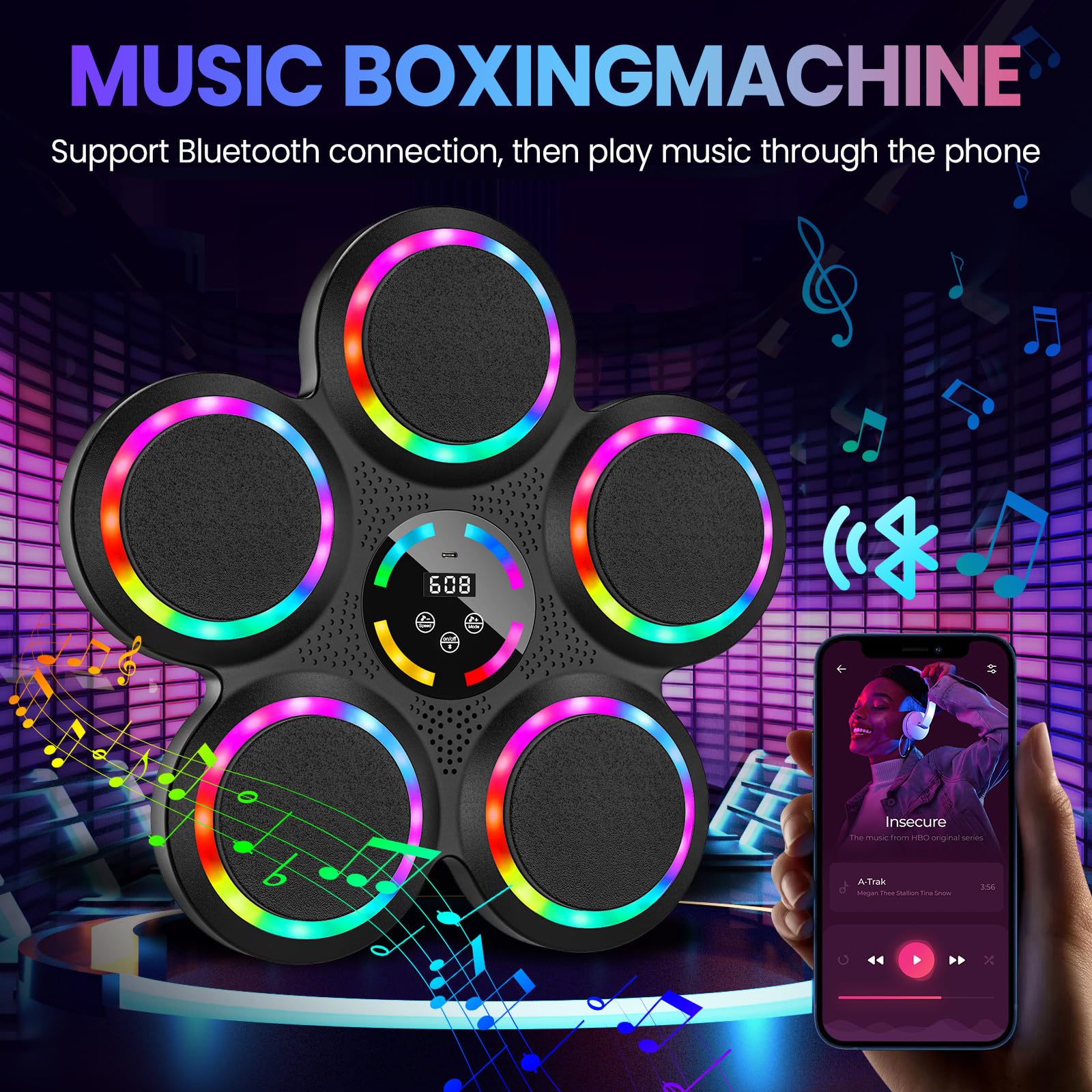 IERAKOR Máquina de Boxeo Musical de Pared con Bluetooth, 2 Pares de Guantes | Music Boxing Machine, 9 Modos y Velocidades, Luz de Color, Contador de Puntos, Deporte en Casa Antiestrés, Adultos y Niños