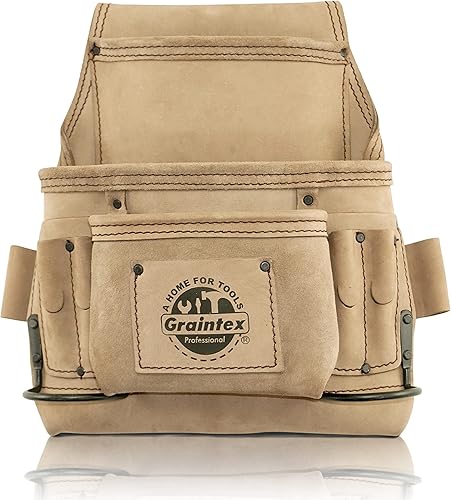 Miniatura 1 de Graintex ST2041 - Bolsa de 9 bolsillos para uñas y herramientas de cuero natural de grano superior para enmarcadores, constructores, electricistas,