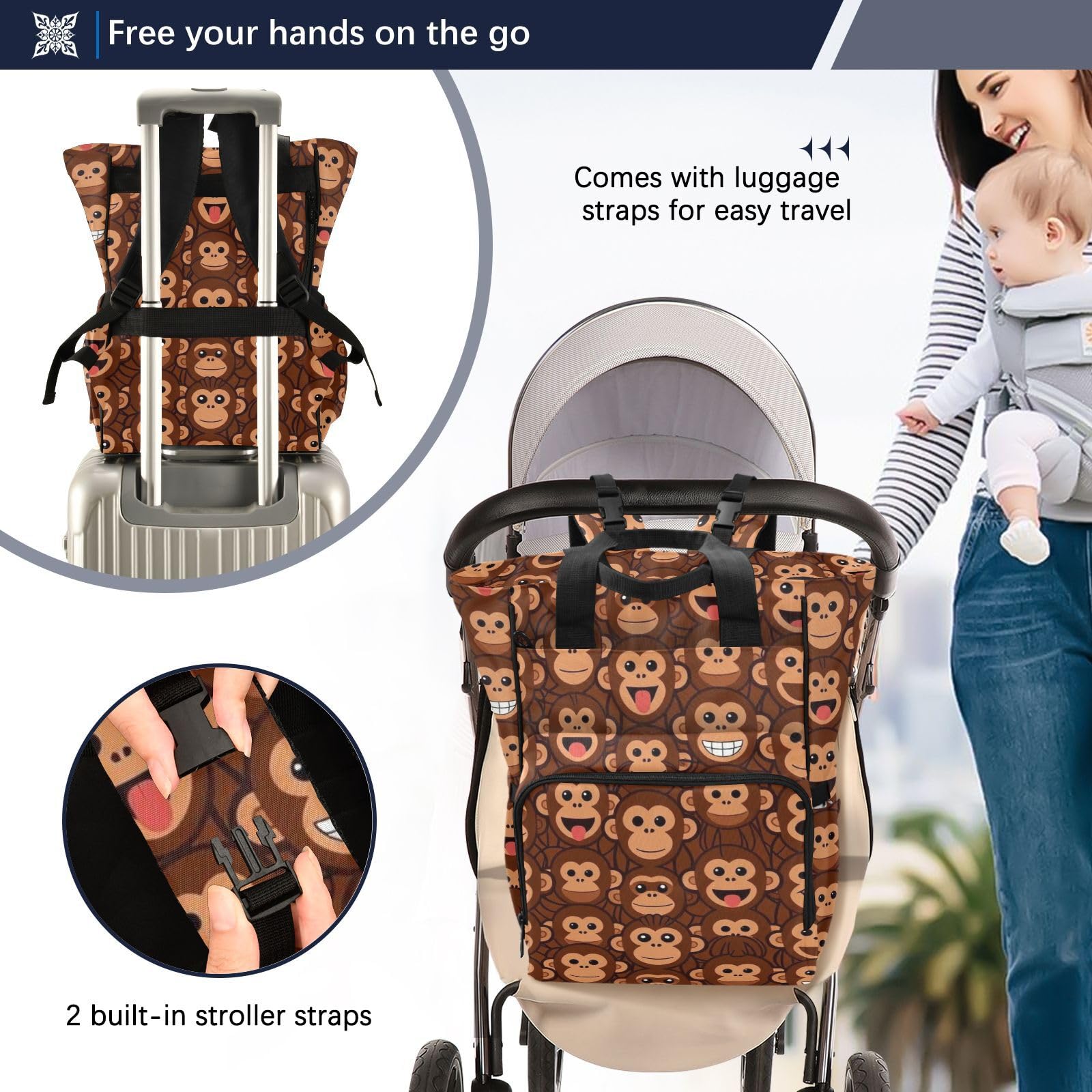 Borsa per pannolini zaino per mamme papà divertente scimmia faccia