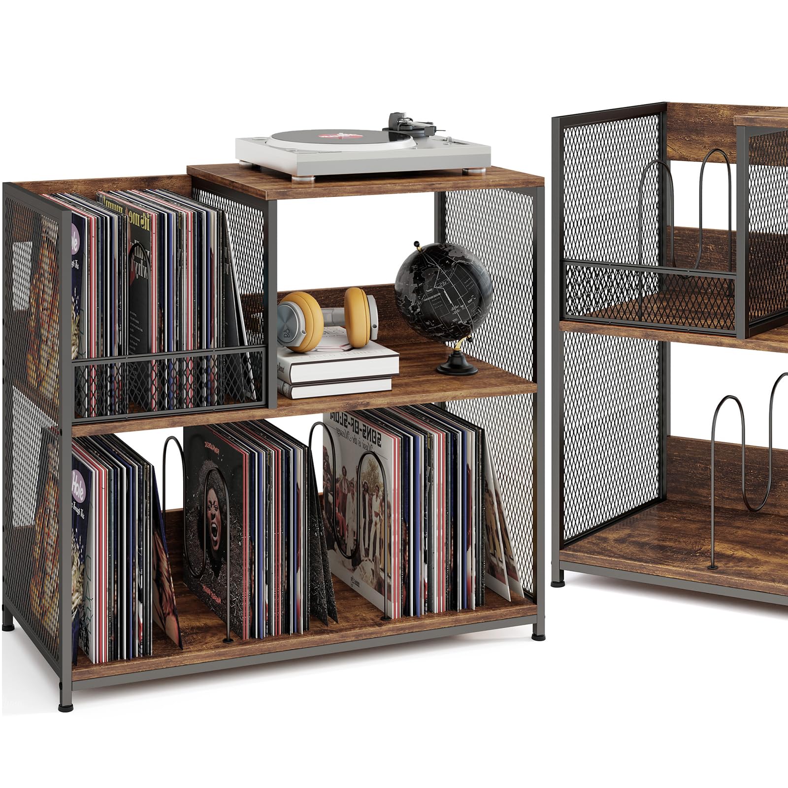 KOMFOTTEU Supporto per Giradischi in Vinile Fino a 300 Album, Espositore per Dischi a 3 Ripiani con 3 Divisori Rimovibili, Mobile Giradischi in Legno e Metallo per Soggiorno, Camera da Letto (Marrone)