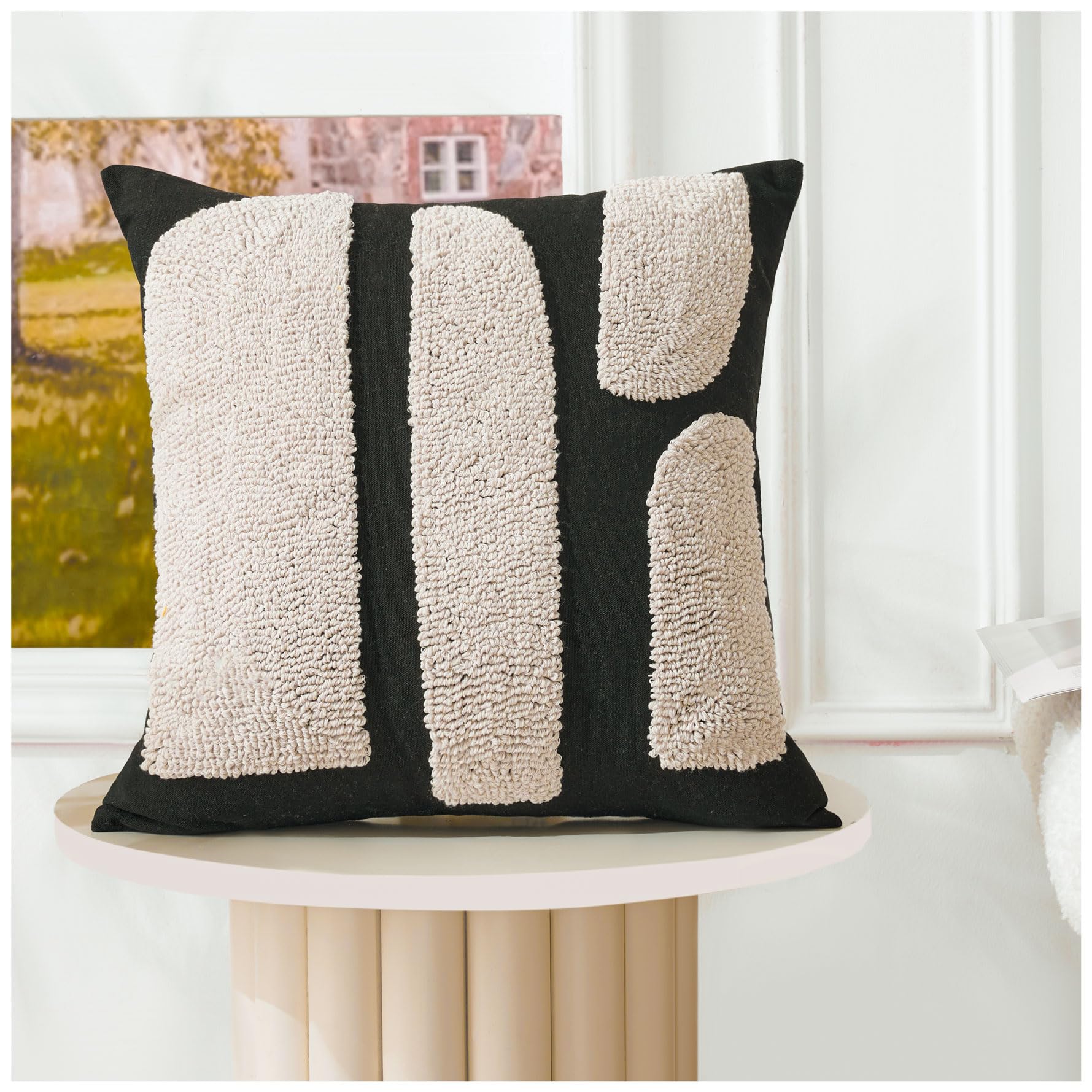 Zealax Black and Beige Boho Chunky Pillow Cover Neutral Decorative Square Throw Pillow Cover 18”x18”, Modern Abstract Tufted Pillow Case Geometric