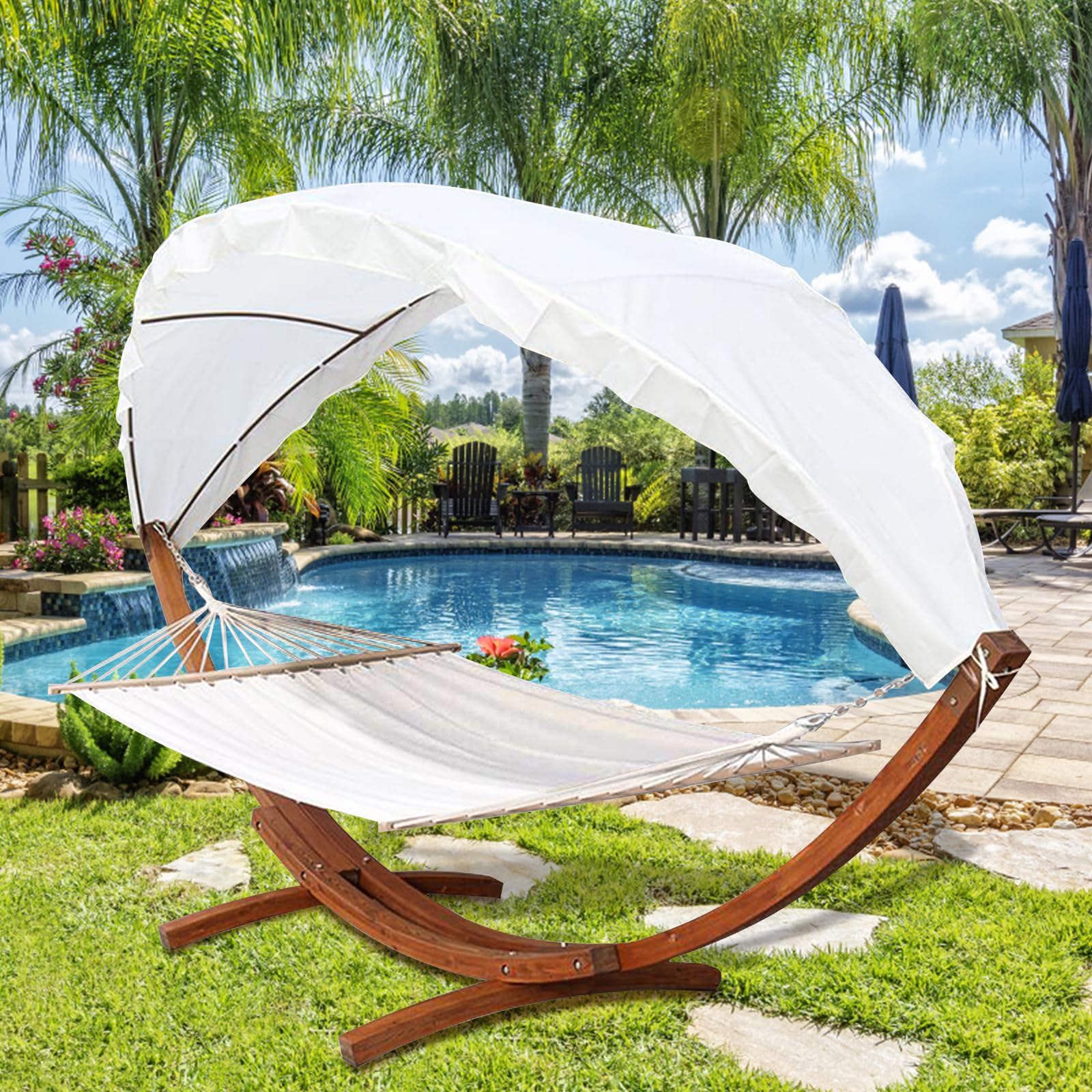 Daromigo Hamak outdoorowy, hamak ze stelażem, 200 x 150 cm, fotel wiszący ze stelażem dla 2 osób, obciążenie 200 kg, drewniany stelaż hamaka z dachem, do ogrodu, na taras, basen
