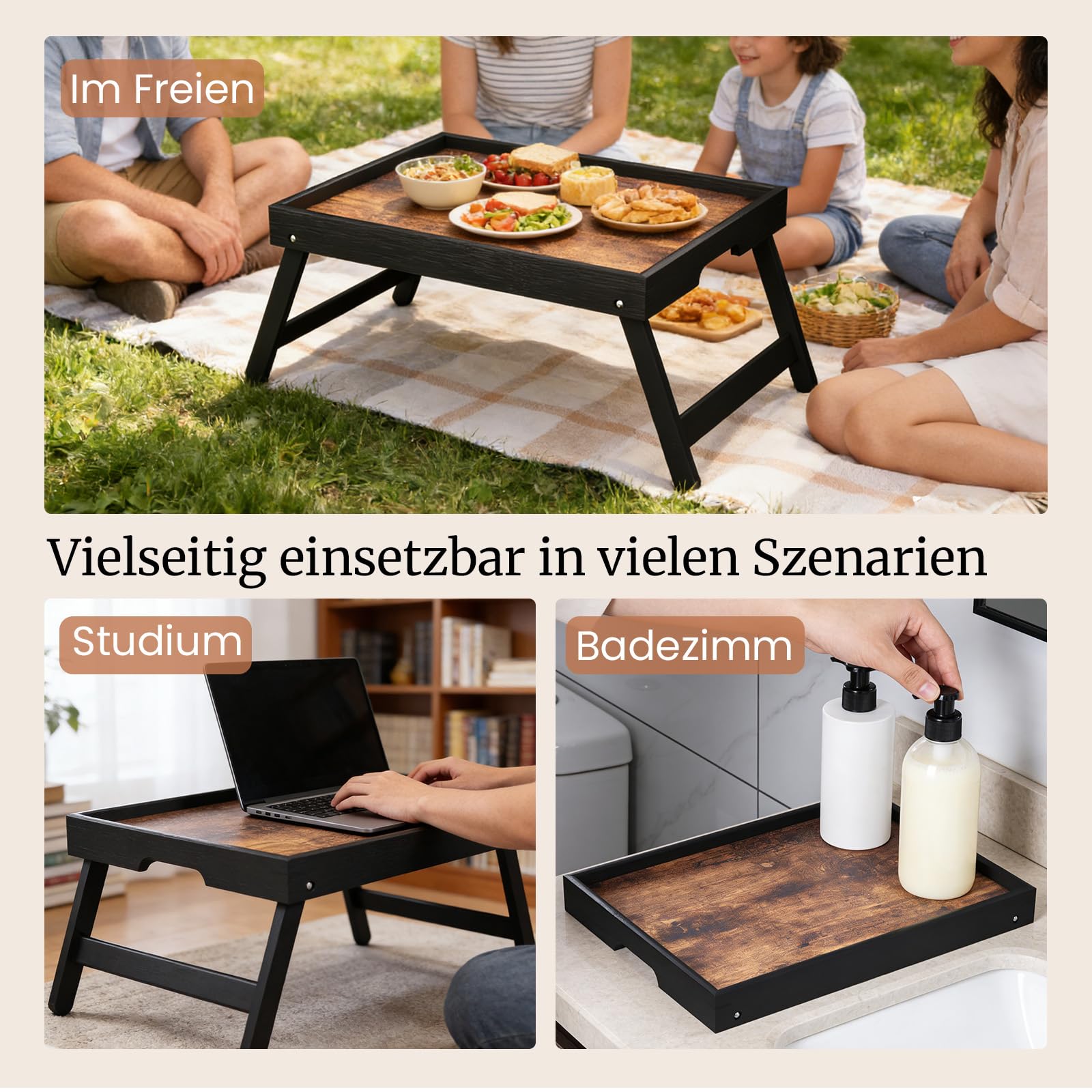 Fibogollo 2er-Pack Betttisch aus Holz mit klappbaren Beinen, Frühstückstabletts, Serviertablett für Speisen und Snacks, Laptop-Tabletts zum Arbeiten