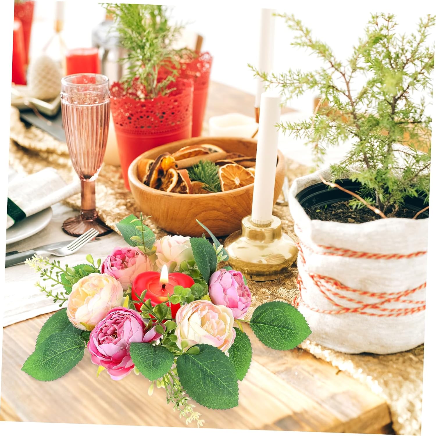 Tabletop Peony Candle Wreath Realistic Faux Flower Candle Decor for Home Weddings and Parties Elegant Spring Centerpiece