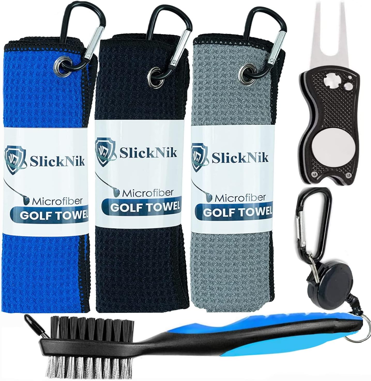 Golf Towel Pack - 3 Microfiber Waffle Pattern Golf Towels Including Golf Club Brush and Groove Cleaner Divot Repair Tool - Image 9
