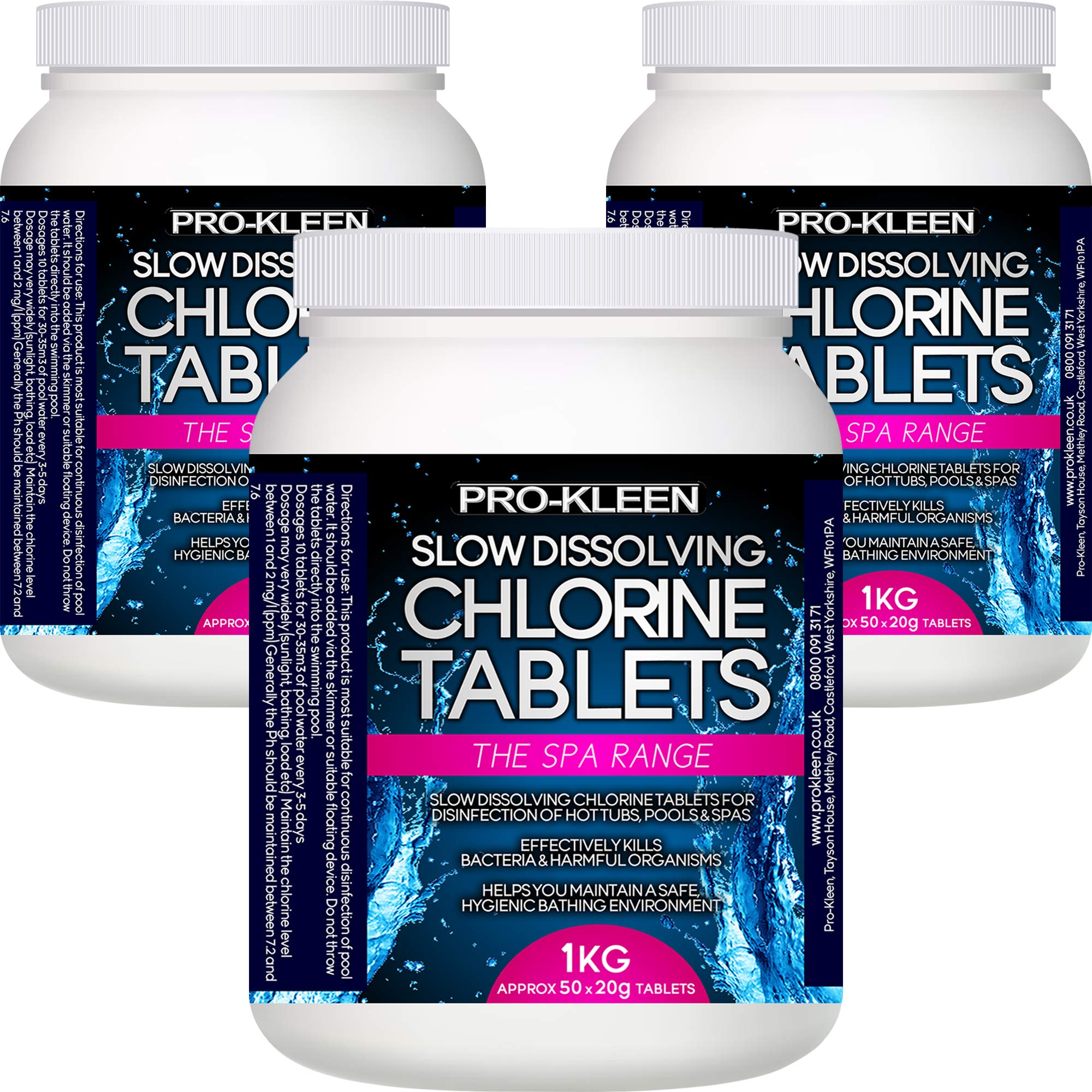 Pro-Kleen 20g Stabilised Slow Dissolving Chlorine Tablets - Disinfects Pool Water to Remove Germs and Bacteria - Suitable for all Pools, Hot Tubs and Spas (3 KG)
