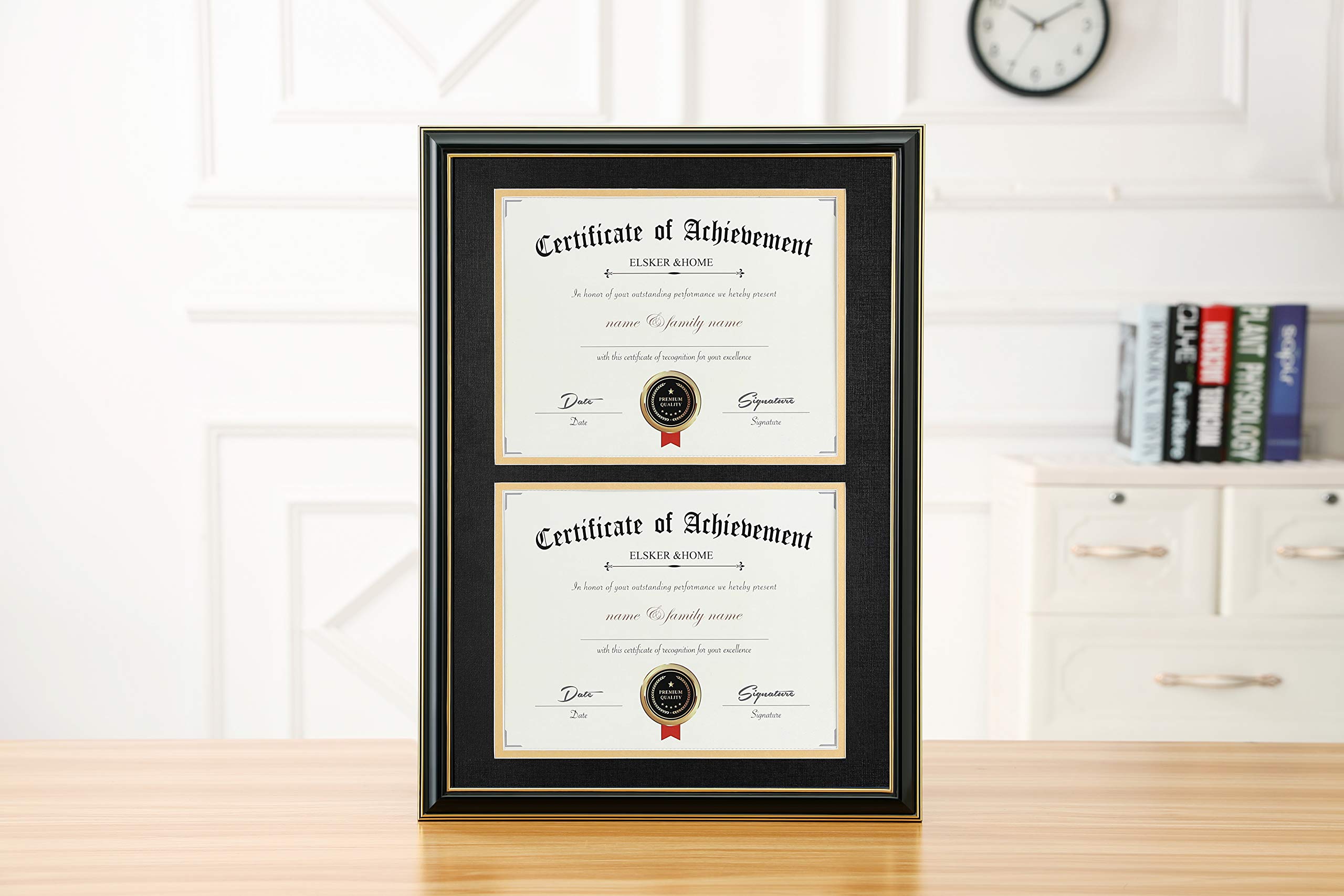 ELSKER&HOME Double Document/Photo Wood Frame-Made for Certificates&Diploma for Two 8.5x11 Inch with Mat and 14x20 Inch Without Mat for Documents Certificates (Double Mat, Black Mat with Golden Rim)