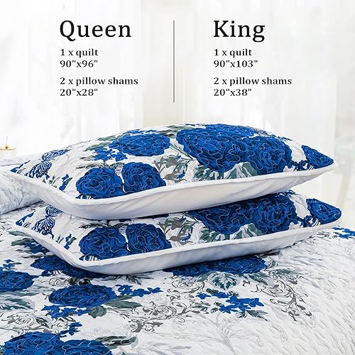 Miniatura 7 de Yiran Juego de edredón floral tamaño King, elegante colcha de 3 piezas con rosa azul, juego de colcha de microfibra ligera con 2 fundas de almohada