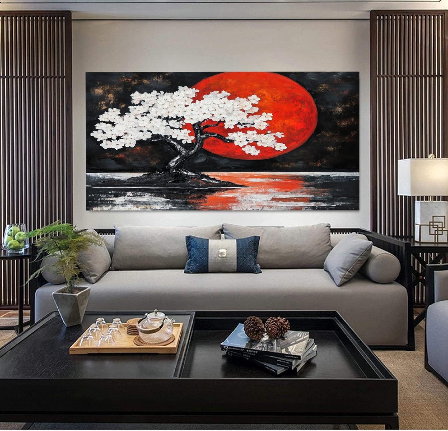 ZORYAN Japanese Cherry Tree Large Painting Art Black Wall Art for Living Room, Pictures for Living Room Home Decorative 80x160cm Frameless