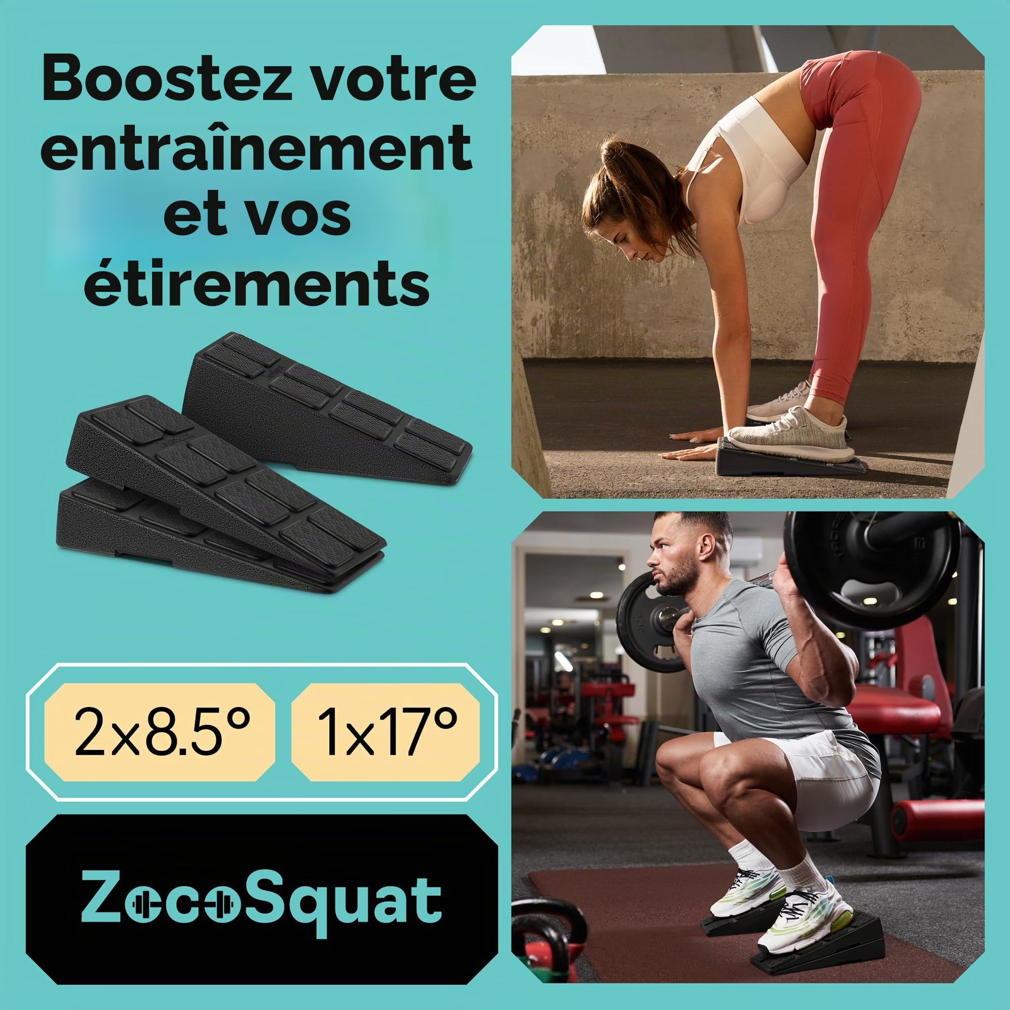 Cale de squat – Bloc incliné pour squats avec une capacité de charge de 236 kg – Planche inclinée pour étirement des mollets – Étireur de mollets incliné – Blocs de yoga