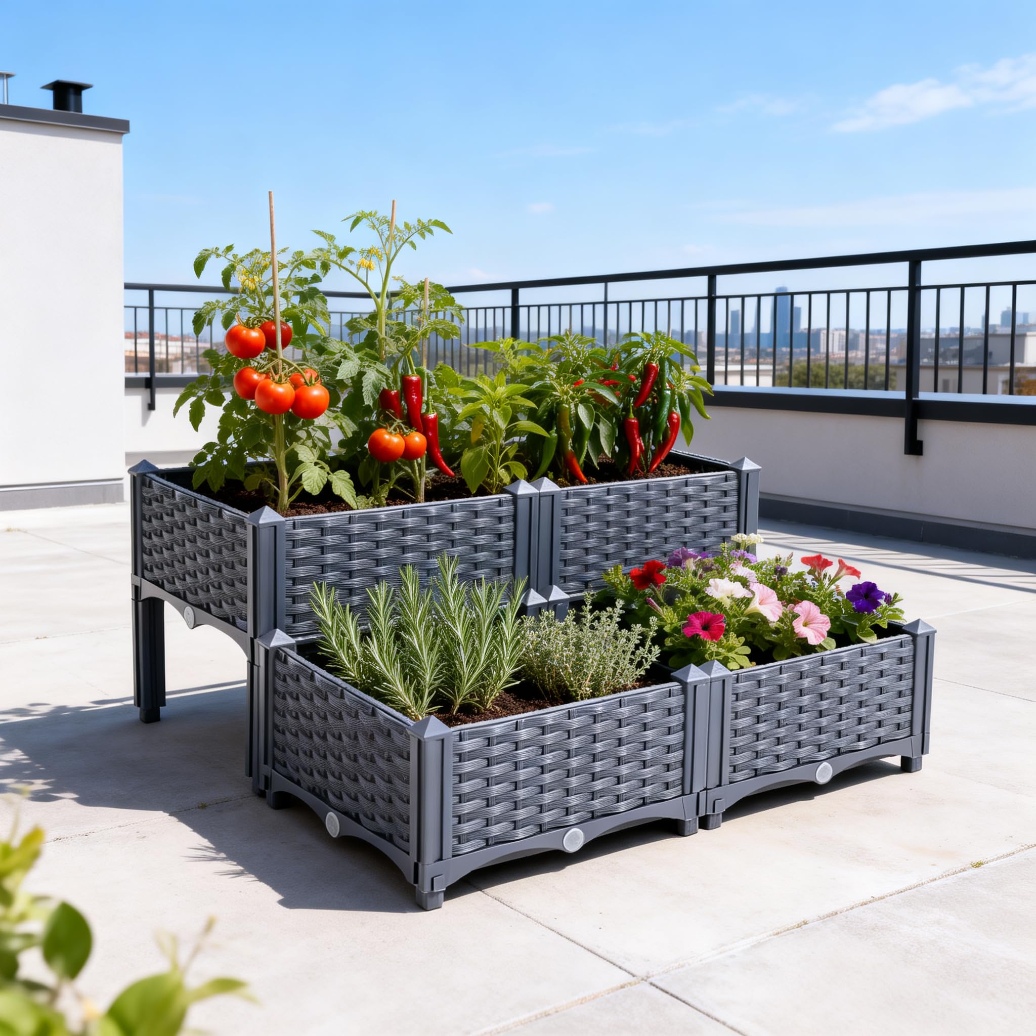 Mingone 4X Blumenkasten Rattan Optik Kunststoff, 40x40, Grau | Wasserspeicher, Balkonkasten, Für Balkon Garten Terrasse