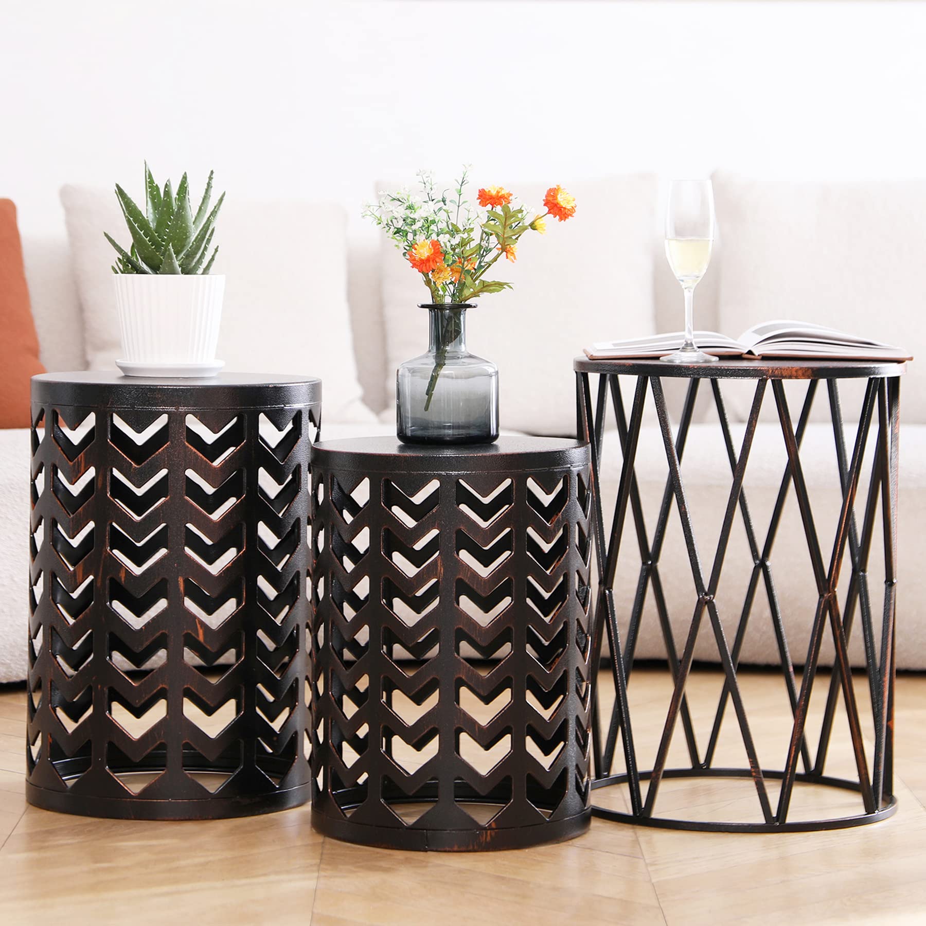HFHOME Multifunctional Nesting Round Metal Coffee End Tables, Set of 3 Modern Nightstands Decor Side Tables Plant Stand for Home Office Indoor Garden Outdoor-Bronze