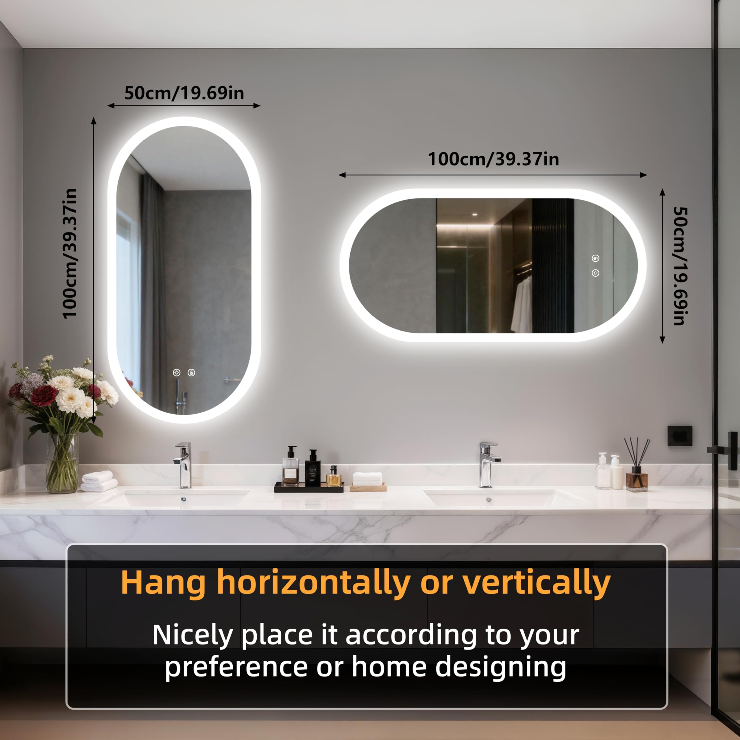 LUVODI Espejo Baño con Luz Led Ovalado 100 x 50 cm Espejos de Baño Antivaho con Luz Retroiluminado Regulable Espejo Moderno Inteligente con 2 Interruptor Tactil Función de Memoria y Impermeable IP66