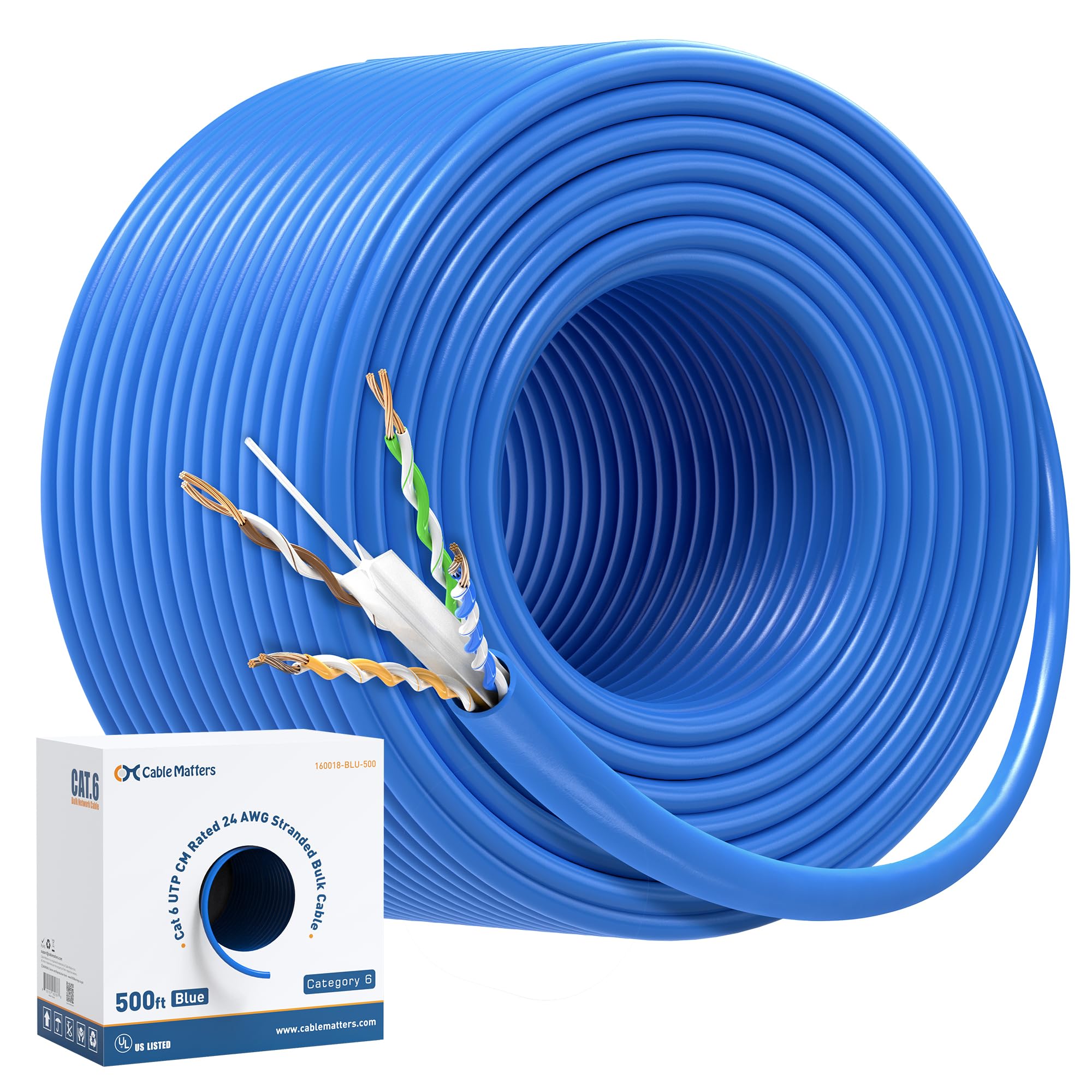 Cable Matters Cable trenzado a granel Cat 6 UTP CM nominal 24 AWG en azul - 500 pies
