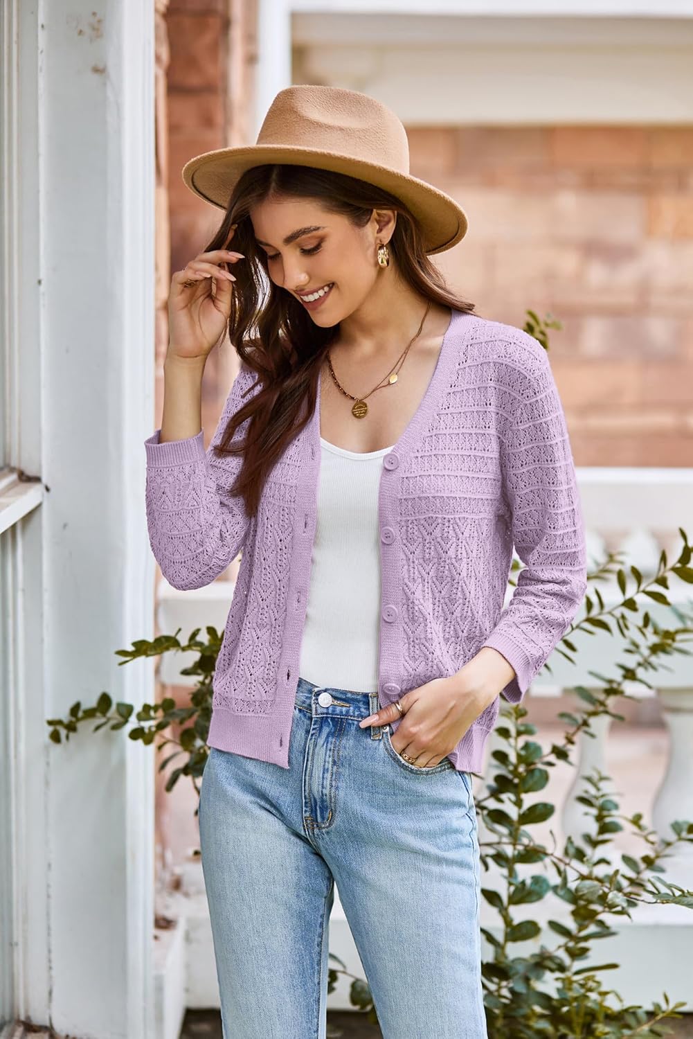 GRACE KARIN Women Lightweigt Crochet Knit Cardigan, 3/4 Sleeve Cropped Shrugs, Spring Button Down Sweaters Tops - Image 2