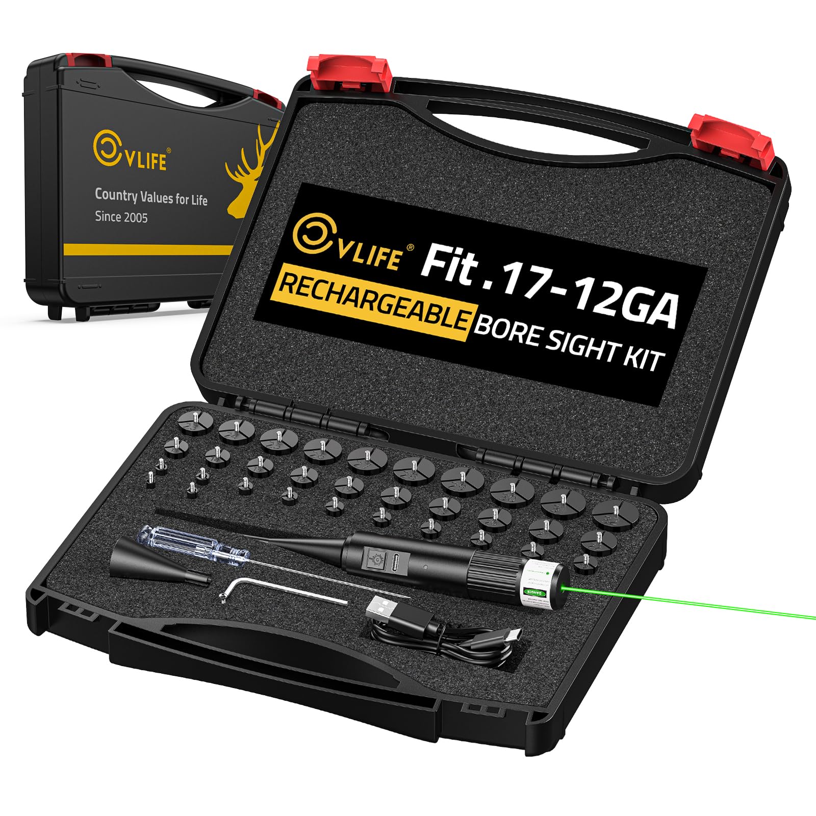 CVLIFE Rechargeable Laser Bore Sight Kit with 32 Adapter Fits .17 to 12GA Calibers Professional Green/Red Bore Sight Laser with Button Switch Powerful Bore Sighting for Hunting