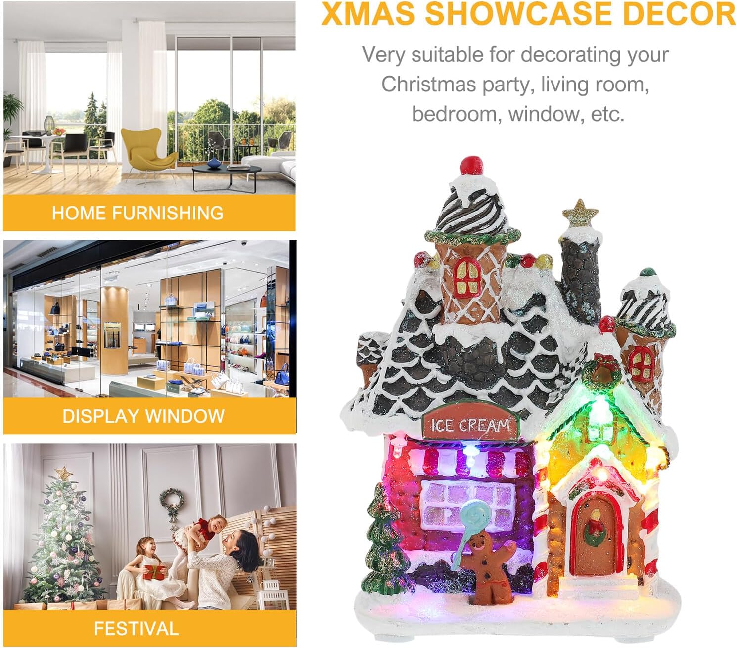 Luxshiny Luminous Xmas Gingerbread House Ornament LED Resin Desktop Glowing Decoration for Christmas Party and Winter Home Display