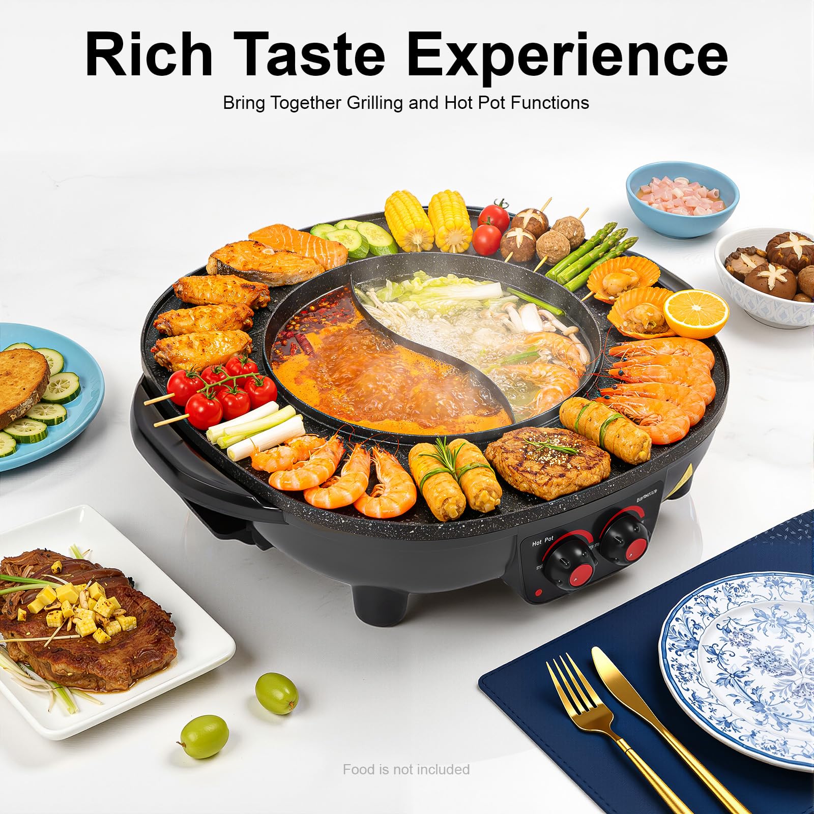 Elektryczny grill Hot Pot 2 w 1, 2000 W, 3 l, grill stołowy z niezależną regulacją temperatury, koreański BBQ Thai Fondue raclette dla 5-6 osób