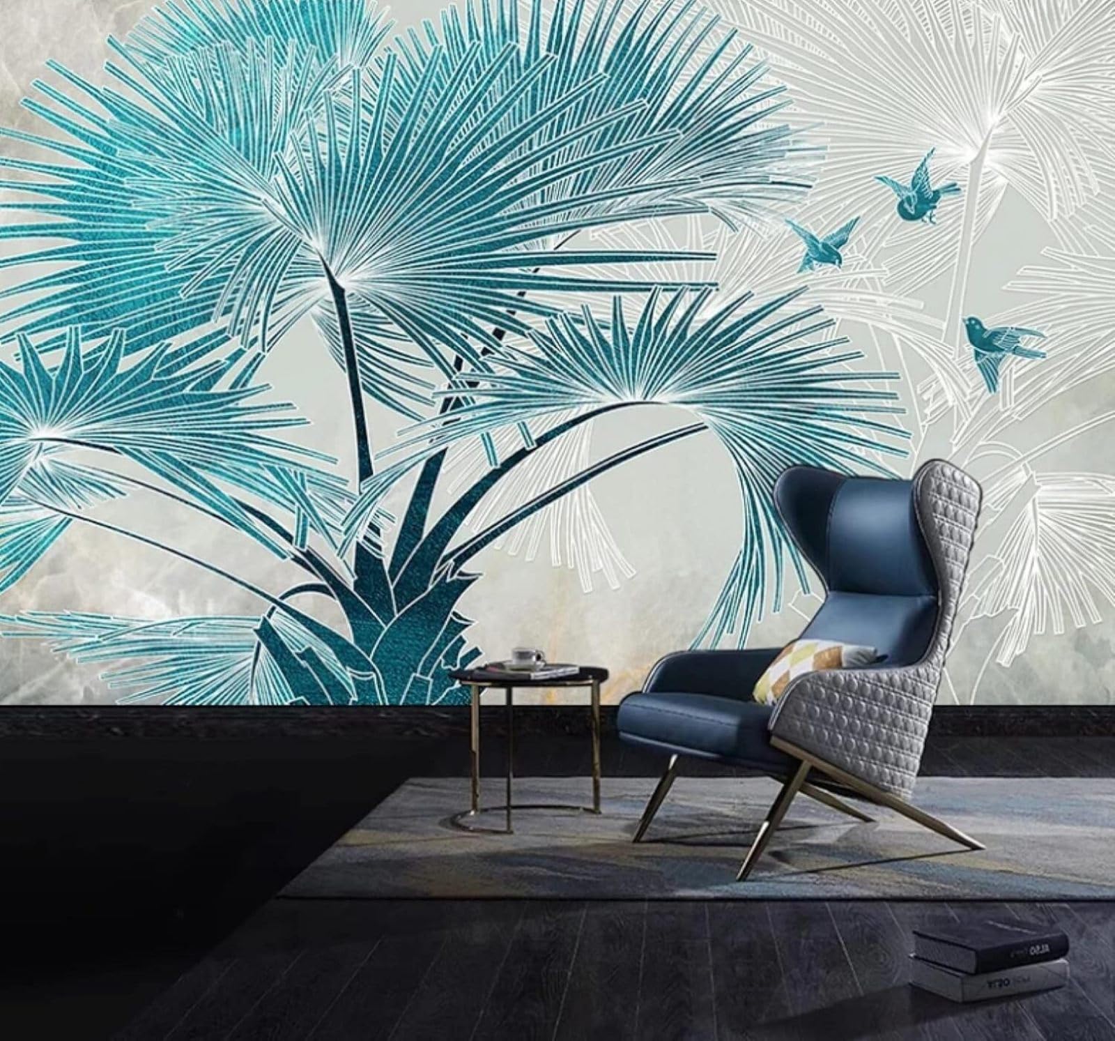 XLMING Fresh Three Dimensional Blue Palm Trees Birds 3D Wallpaper Luxury Silk Study Dining Feature Sofa Grey Bedroom Living Room Tv Decorative Wall-400cm×280cm