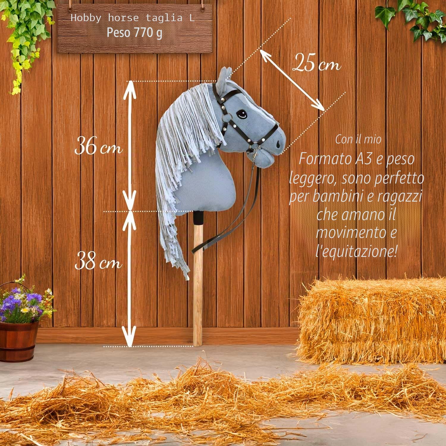 Hobby Horse Grigio A3, cavallo bastone completo di rete, morso, redini e cuffia anti-insetti blu. Testa di cavallo bastone per Hobby Horsing bambini e adolescenti