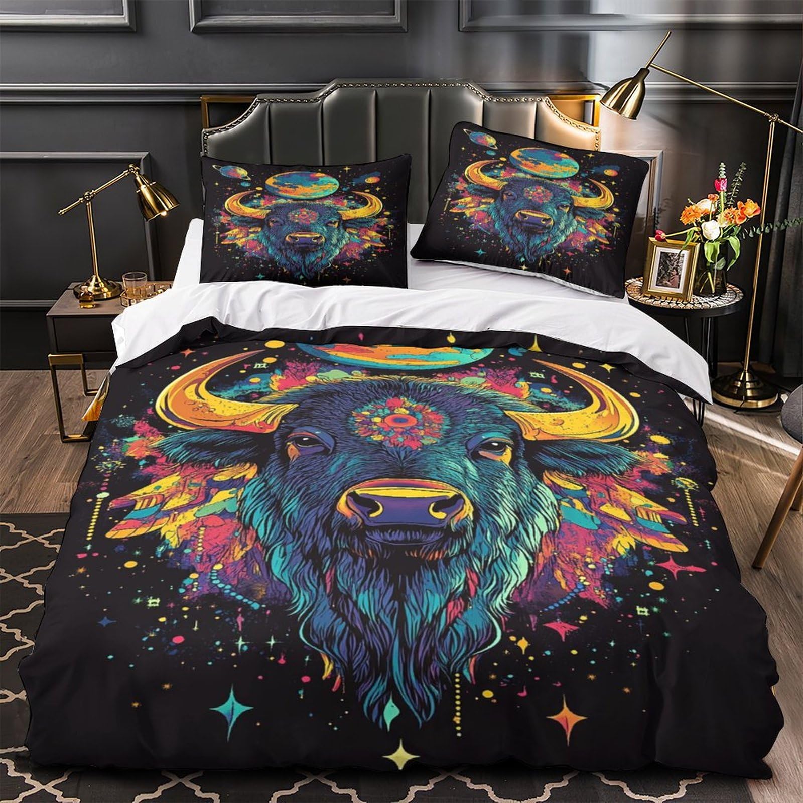 Drap de couette bison cosmique pour chambre d'ado moderne