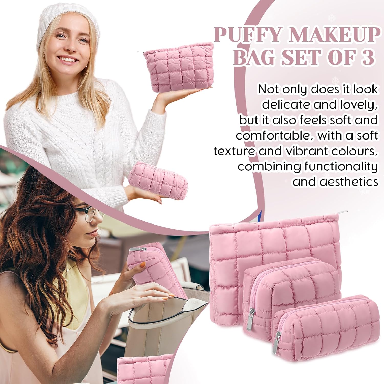 3 Pcs Puffy Makeup Bag Quilted Cosmetic Pouch for Women Cute Checkered Travel Toiletry Bag Puffer Makeup Organizer Purse Pouch Preppy Pencil Case with Zipper - Image 6
