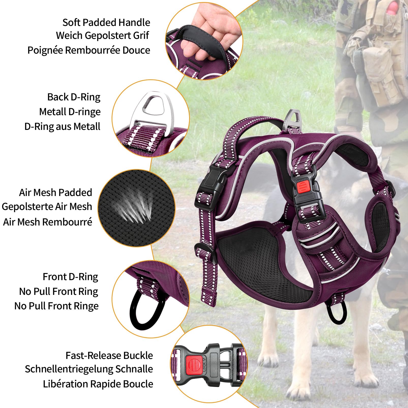 HEELE Arnés de Pecho para Perros con Cierre de trinquete con Cierre Ajustable Reflectante y Abierto en el Cuello y arnés antitracción para Perros, Cerradura Morado Adorno a Juego, L - 5