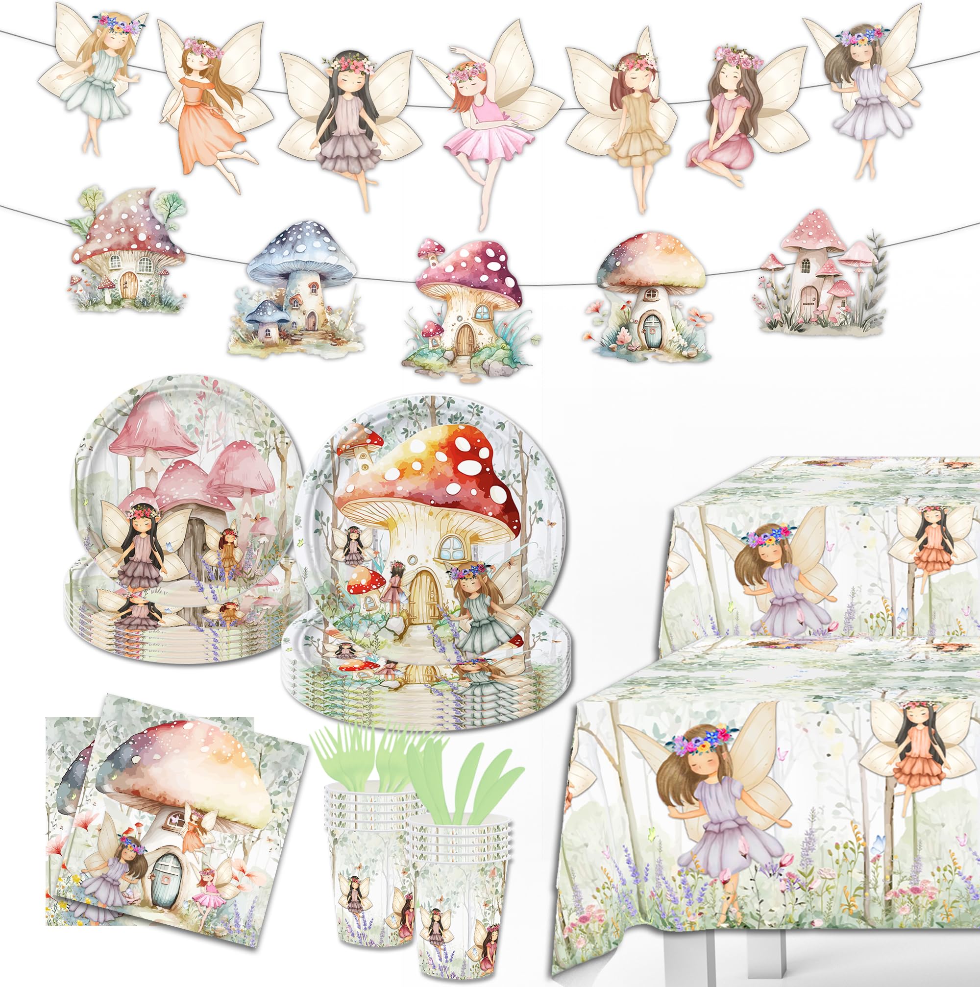 144Pcs Fairy Decorations - Birthday Tableware Set with Banner, Plates, Cups, Napkins, Tablecloth, Forks & Knives for Kids Parties