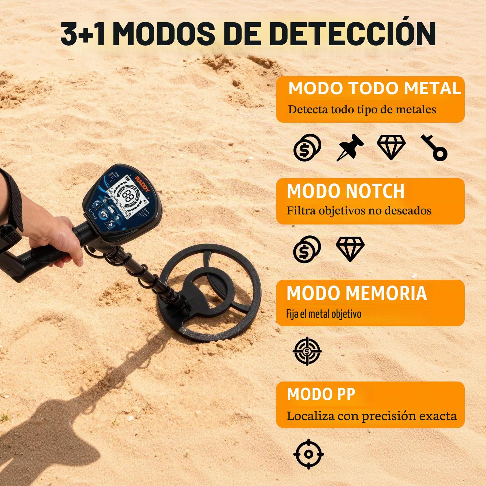 Raddy MD120A Detector de Metales Profesional para Adultos, Alta Precisión, 4 Modos, Bobina Impermeable 10", Pantalla LCD Retroiluminada, Auriculares, Bolsa y Pala para Búsqueda de Tesoros | 4 modos, pantalla LCD retroiluminada, incluye auriculares, bolsa