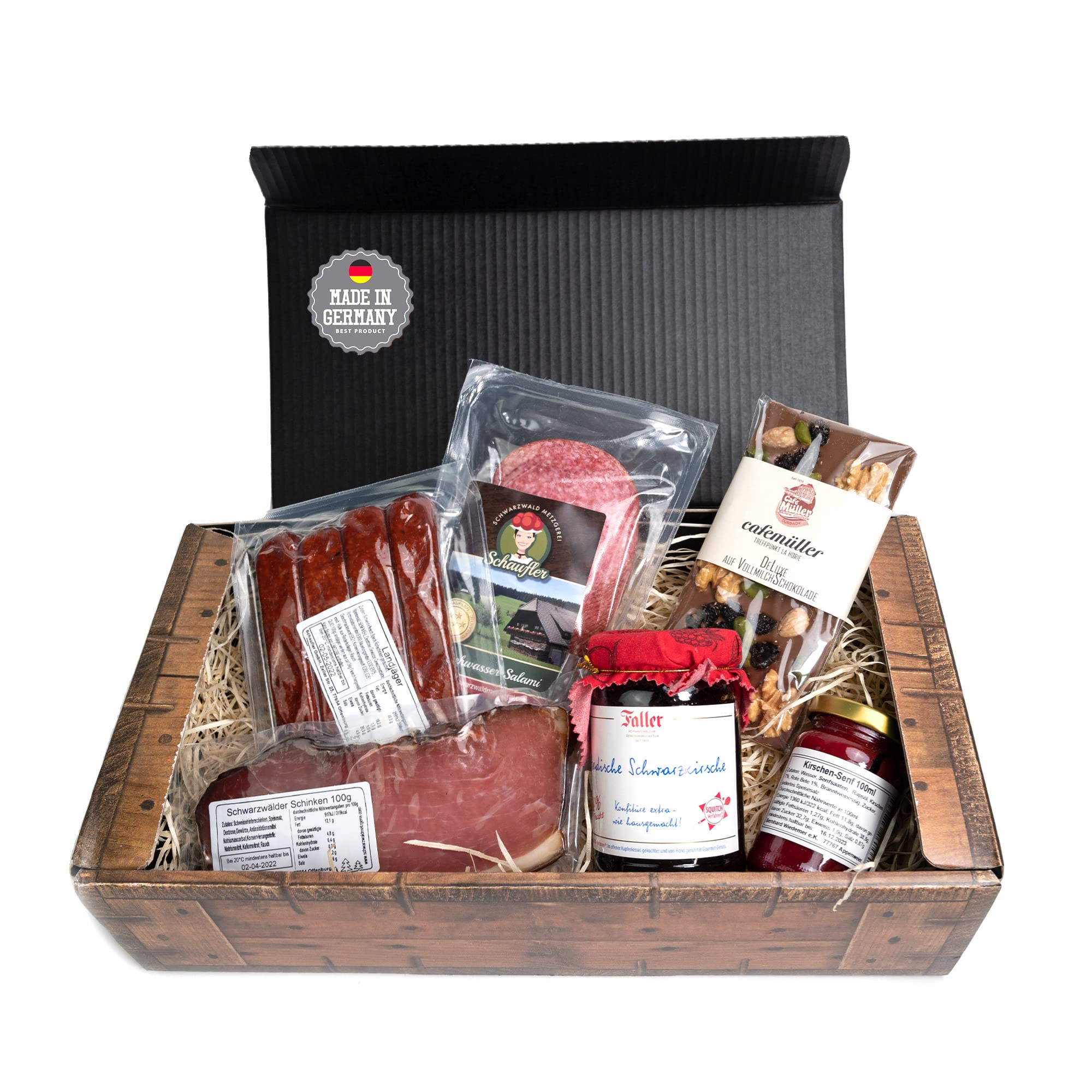 Kirschkiste 6-teilig Schlemmergeschenk mit Kirschmarmelade, Kirschsenf, Kirschwassersalami, Landjäger, Schokolade und Schinken aus dem Schwarzwald