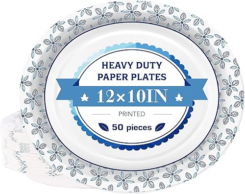 50 platos ovalados de papel de 12 x 10 pulgadas, platos desechables grandes, resistentes para vacaciones, barbacoas, fiestas de cumpleaños,