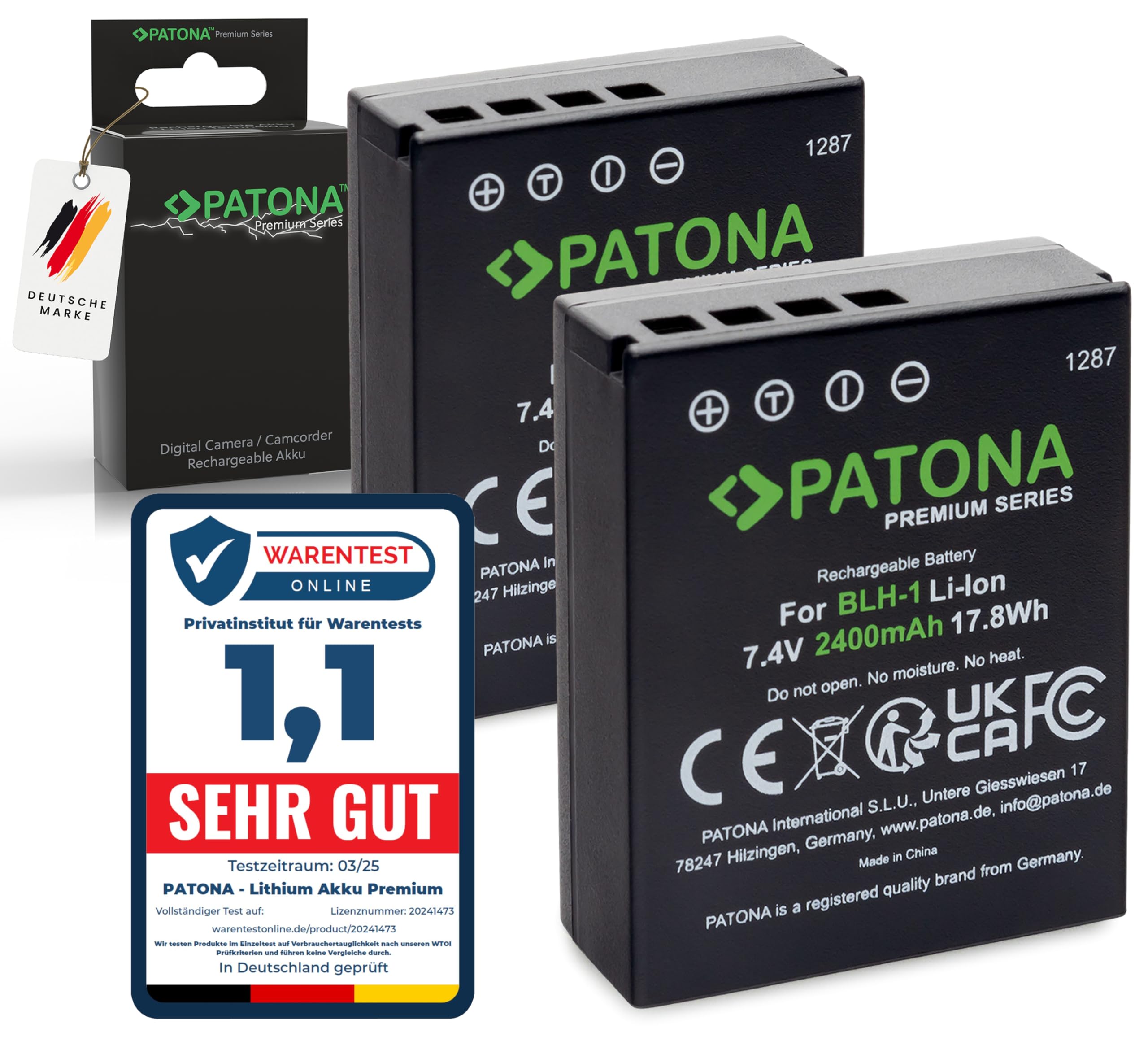 PATONA 2X Premium Akku Ersatz für Olympus BLH-1 BLH1 2400mAh, volldecodiert | Ersatzakku für OM-D E-M1 Mark II/III & E-M1X – mit Restanzeige in der Kameramit Überladungs- und Kurzschlussschutz