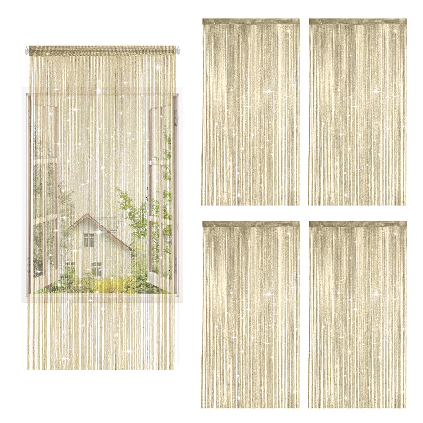 Set di 4 tende a fili glitterate da 100 x 200 cm, tenda per porta e divisorio in perle, per matrimoni, bar e balconi, protezione dagli insetti e decorazione in una (champagne)