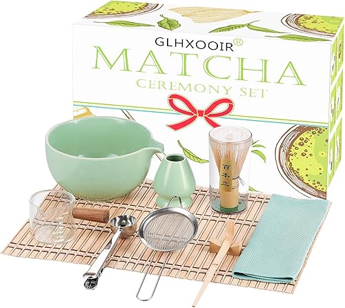 Juego de 10 piezas, cuenco de matcha con boquilla de vertido, batidor de matcha, cuchara medidora, cuchara medidora, tamiz matcha, soporte para