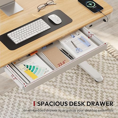 Miniatura 4 de SANODESK Escritorio de pie con cajón, escritorio eléctrico de altura ajustable para oficina en casa con puertos USB y almacenamiento, mesa de madera
